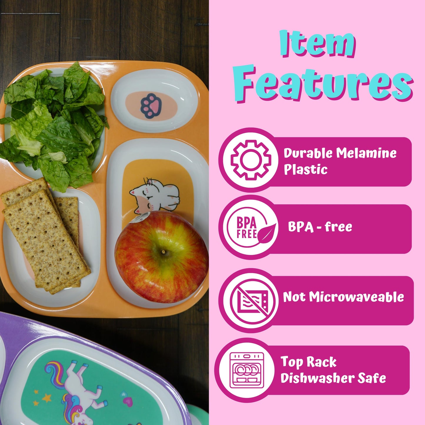 Plato de Cena de Melamina 4E's Novelty Princesa Unicornio Vida Marina Gato para Niños y Niñas
