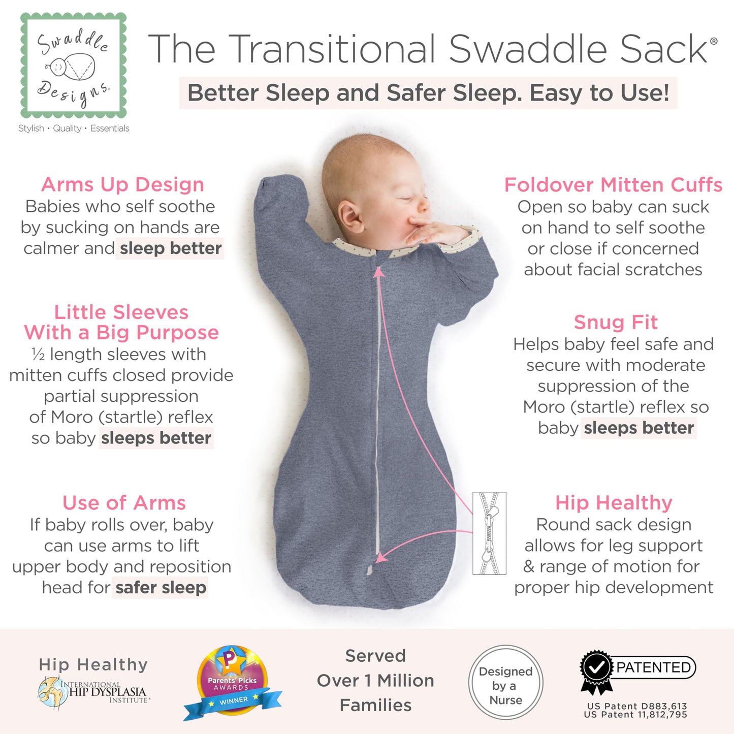 SwaddleDesigns - Saco de Envolver de transición con Brazos hasta Mangas de Media Longitud y puños de manopla, Mezclilla Jaspeada con Ribete de Lunares, Grande, 6-9 Meses, 20-25 Libras (Mejor sueño,