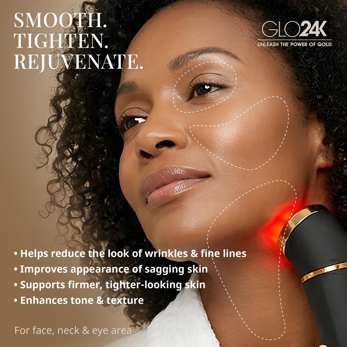 GLO24K - Dispositivo de belleza para rejuvenecimiento de la piel, basado en LED de triple acción, térmica, tecnologías de vibración. Tratamiento antiedad SPA en casa.