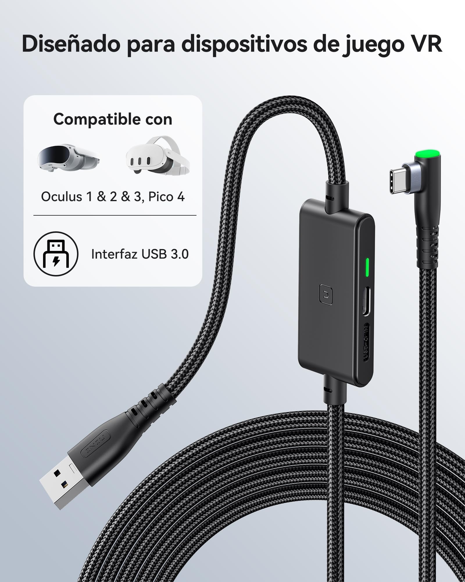 INIU Cable Link de 5m, Cable Link USB 3.0 a USB C con Meta Oculus Quest 3s, Quest 3 2 1, Quest Pro, Pico 4, PC Steam VR Accesorios, Transferencia de Datos de Alta Velocidad, Cable para Auriculares VR