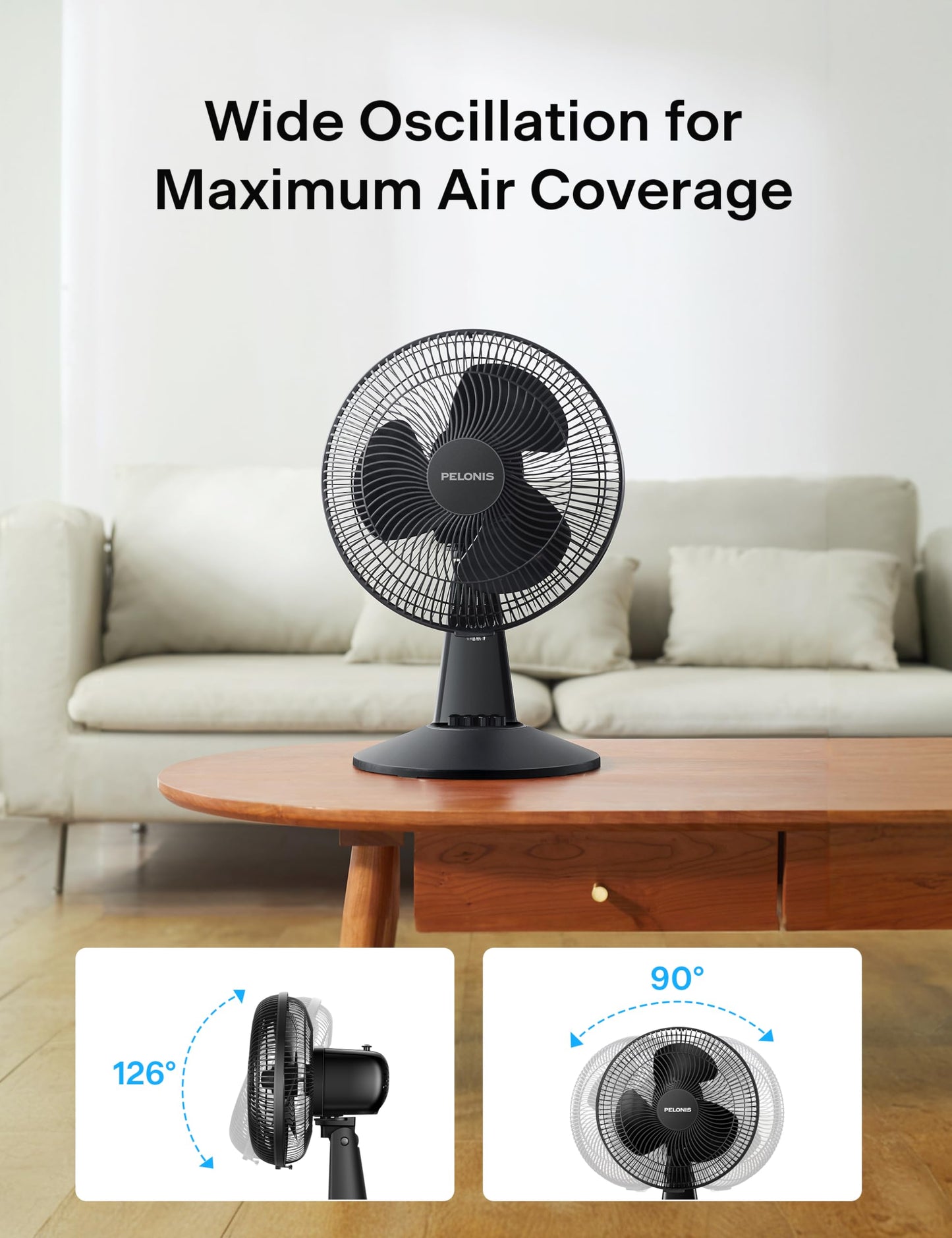 Ventilador de Mesa Pelonis Blanco 12 Pulgadas Oscilante 120° con 3 Velocidades