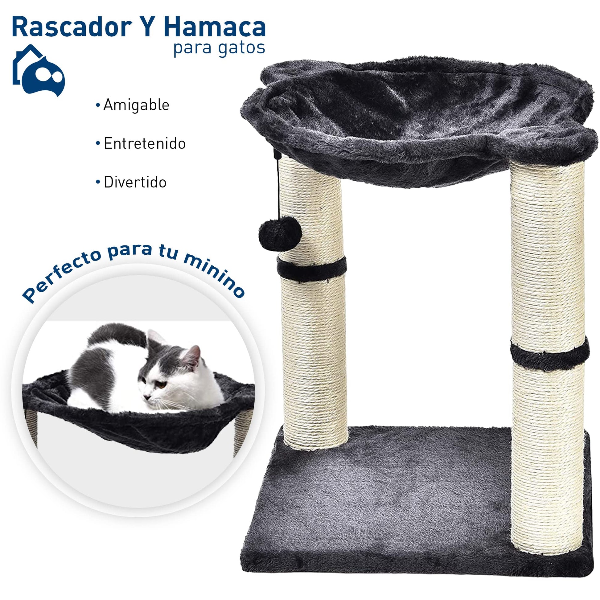 Bluelander Rascador para Gatos, Torre para Gatos de 50 cm de Altura, Arbol para Gatos con Hamaca para Descansar, Superficie Sólida y Afelpada, Juguete Suave Colgante, Cuerda de Sisal Duradera