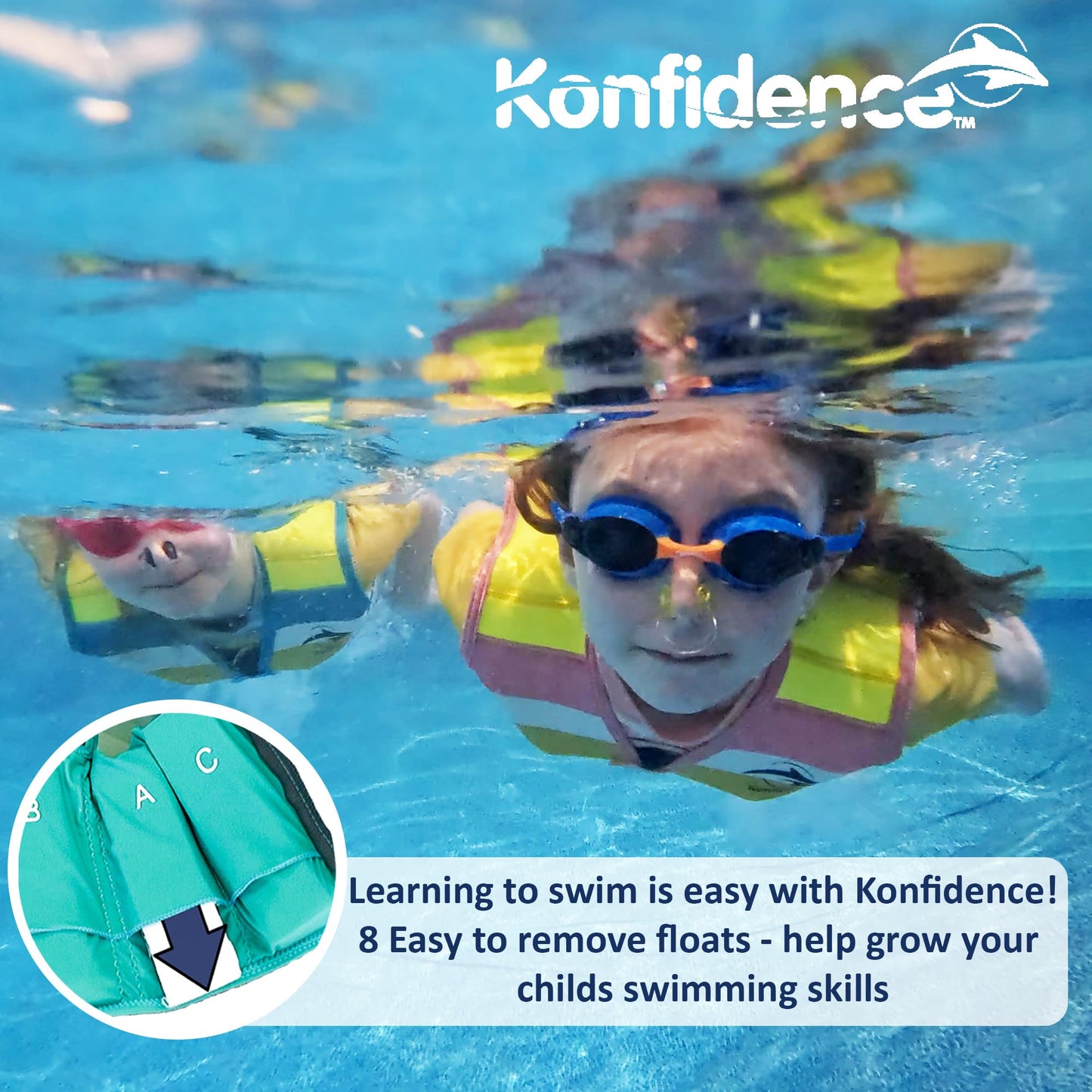 Konfidence - Chaleco de natación de alta calidad con correa de seguridad extraíble para niños, flotabilidad ajustable, compatible con UKCA y CE, aprobado para la escuela de natación (Maui Green, S (15