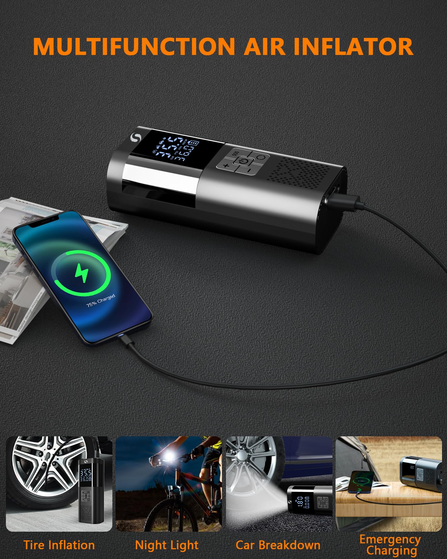 SERVOMASTER Inflador de neumáticos portátil, bomba de aire para bola de motor de coche, bicicleta, inflado rápido, bomba de neumáticos con luz LED, apagado automático