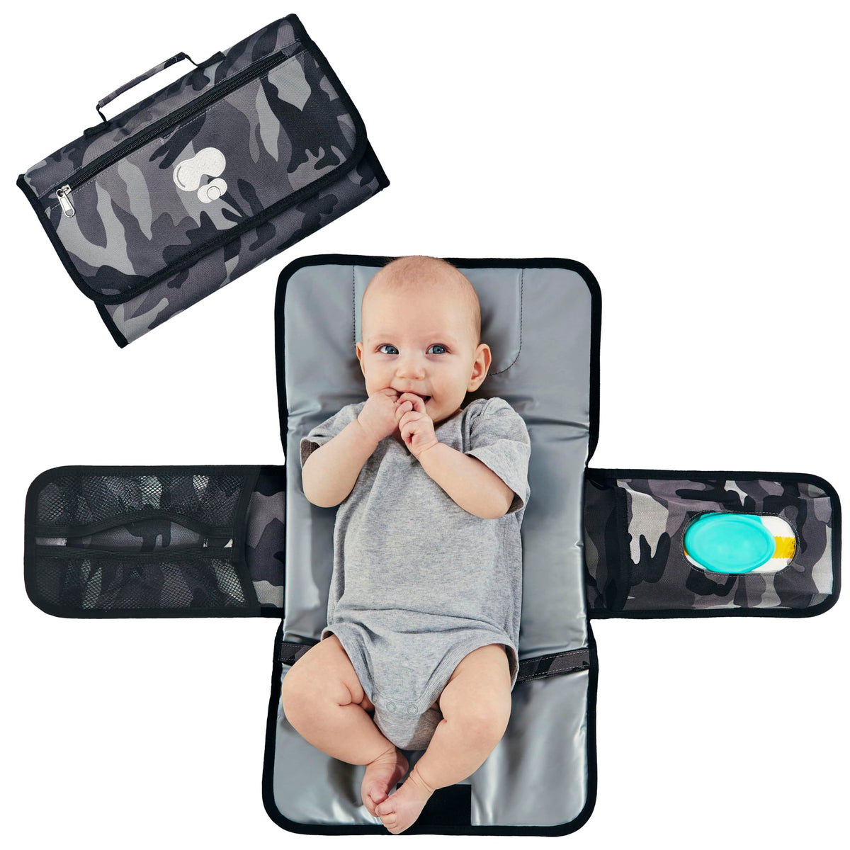 Cambiador portátil de pañales de camuflaje negro y gris, cambiador compacto de bebé para padres diarios y de viaje