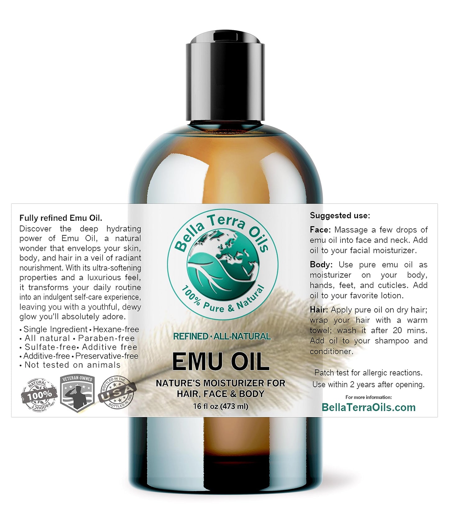 Emu Oil 16 oz 100% Pure Fully Refined Organic Undiluted - Bella Terra Oils