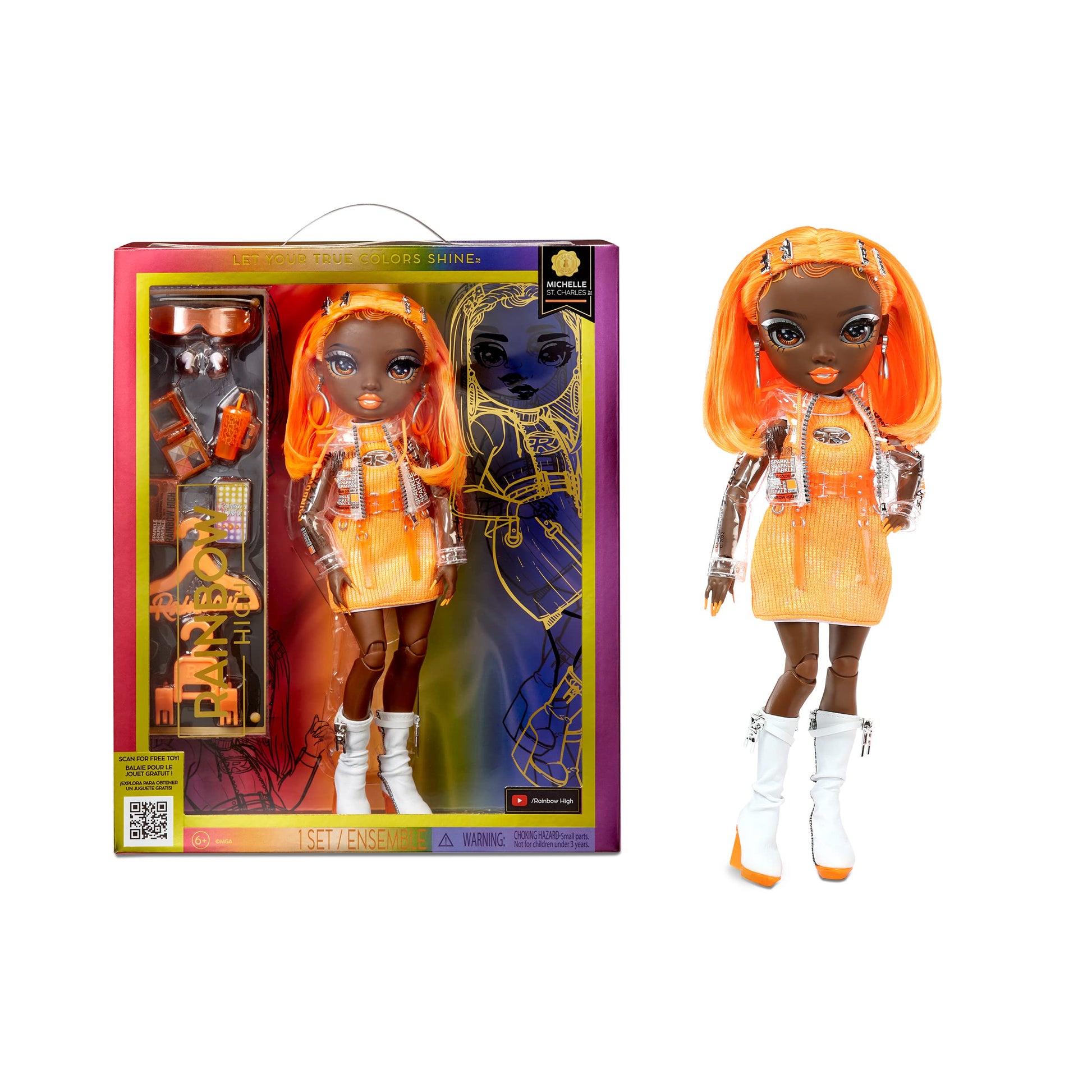 Muñeca Fashion Rainbow High Michelle ST.Charles Naranja con Look de Moda y Más de 10 Accesorios para Coleccionistas y Niños 4-12 Años