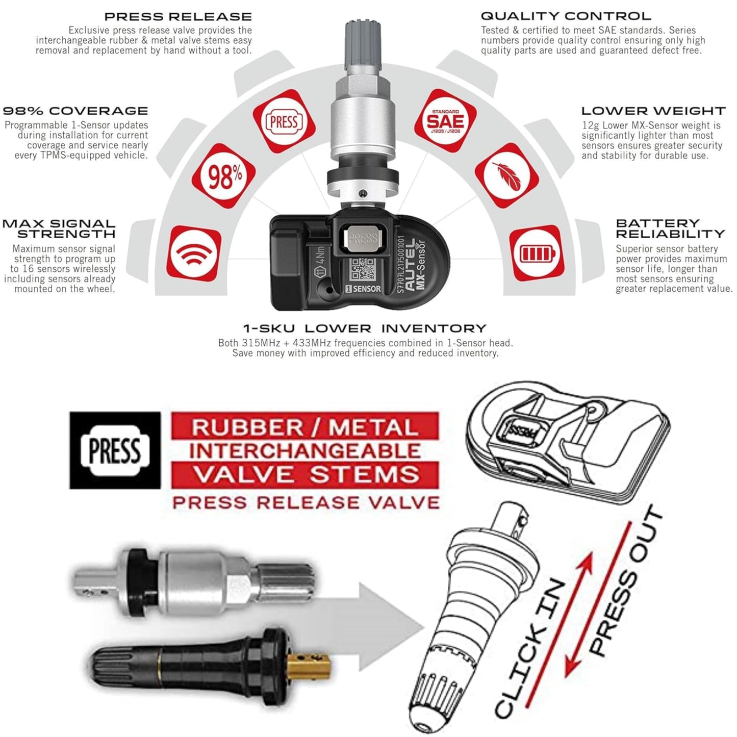 Autel MaxiTPMS MX - Sensor 20 unidades con tallo de metal 315/433MHz TPMS Sensor universal de neumáticos programado por TPMS Tool TS401 TS408 TS501 TS508 TS601 TS608 MK808TS MX808TS MS906TS ITS600