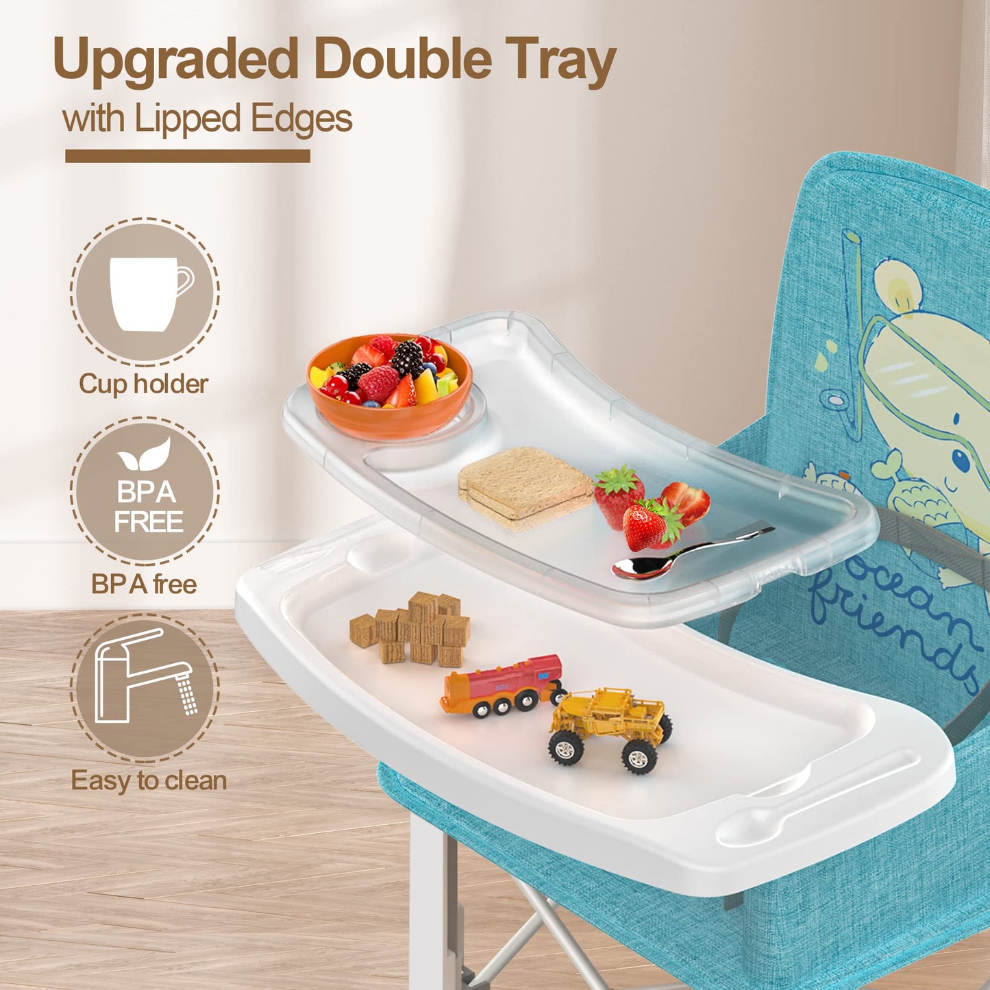 BabyBond - Asiento elevador de viaje para bebé con doble bandeja, silla de bebé portátil mejorada, asiento elevador para mesa de comedor, silla de bebé estable y plegable para interiores y exteriores