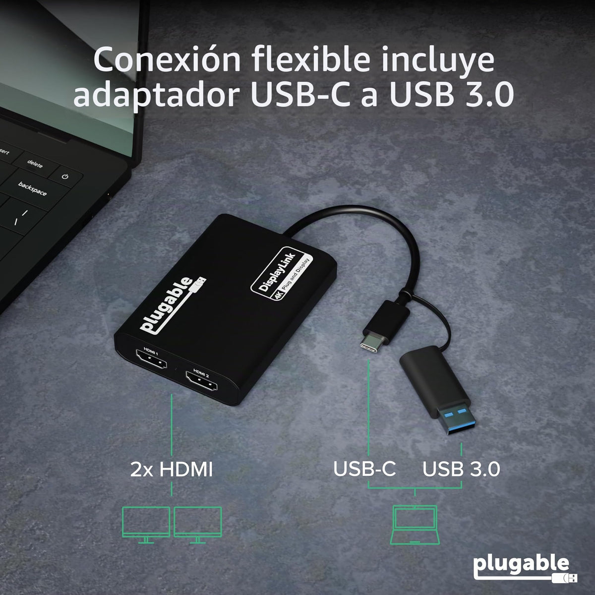 Adaptador de Monitor Dual Plugable Negro 4K para USB 3.0 y USB-C