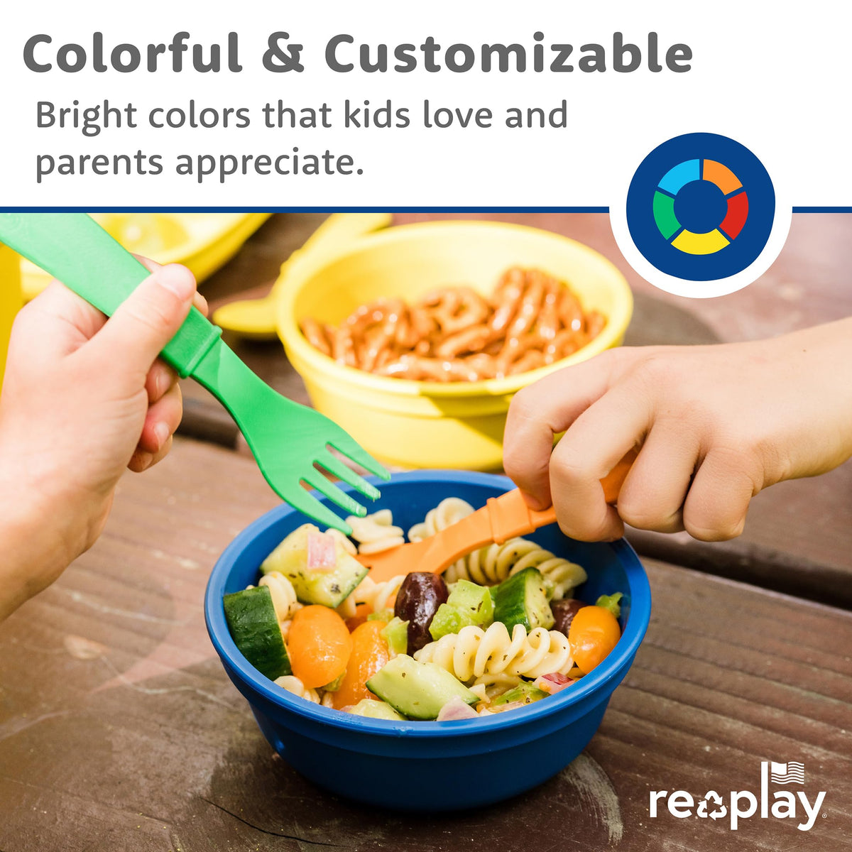 RE-PLAY | Hecho en Estados Unidos | Juego de 3 comidas al día | 3 platos divididos, 3 cuencos de base ancha, 3 juegos de utensilios | Sin BPA | Hecho de jarras de leche recicladas ecológicas | Colección Hues | (Bluesy)