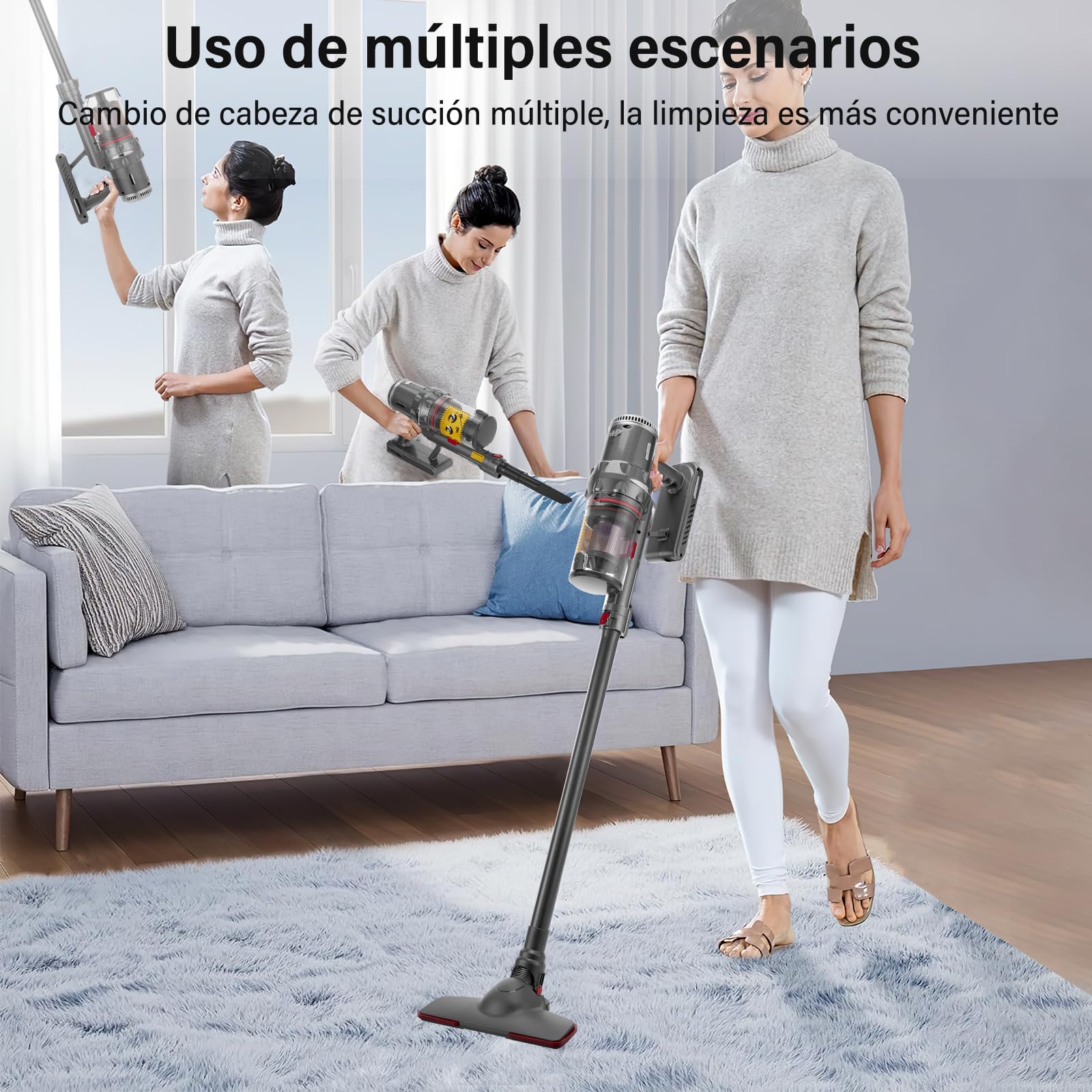 Aspiradora Inalámbrica, 16kPa Aspiradora de Mano con 4 Boquillas, Tiempo de Ejecución Duradero, 3 en 1 Aspiradora Vertical para Limpieza de Sofás, Alfombras, Pelos de Mascotas y Auto (Plata)