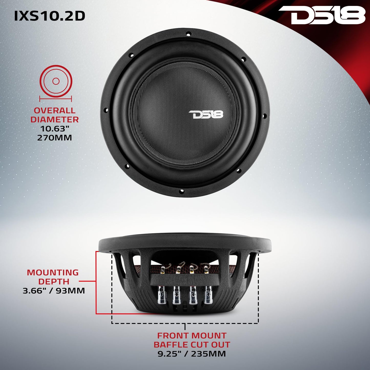 DS18 IXS10.2D - Subwoofer de coche de 10 pulgadas, 1200 W máx., 600 W RMS, 2+2 ohmios, montaje poco profundo, diseño delgado, negro corrugado