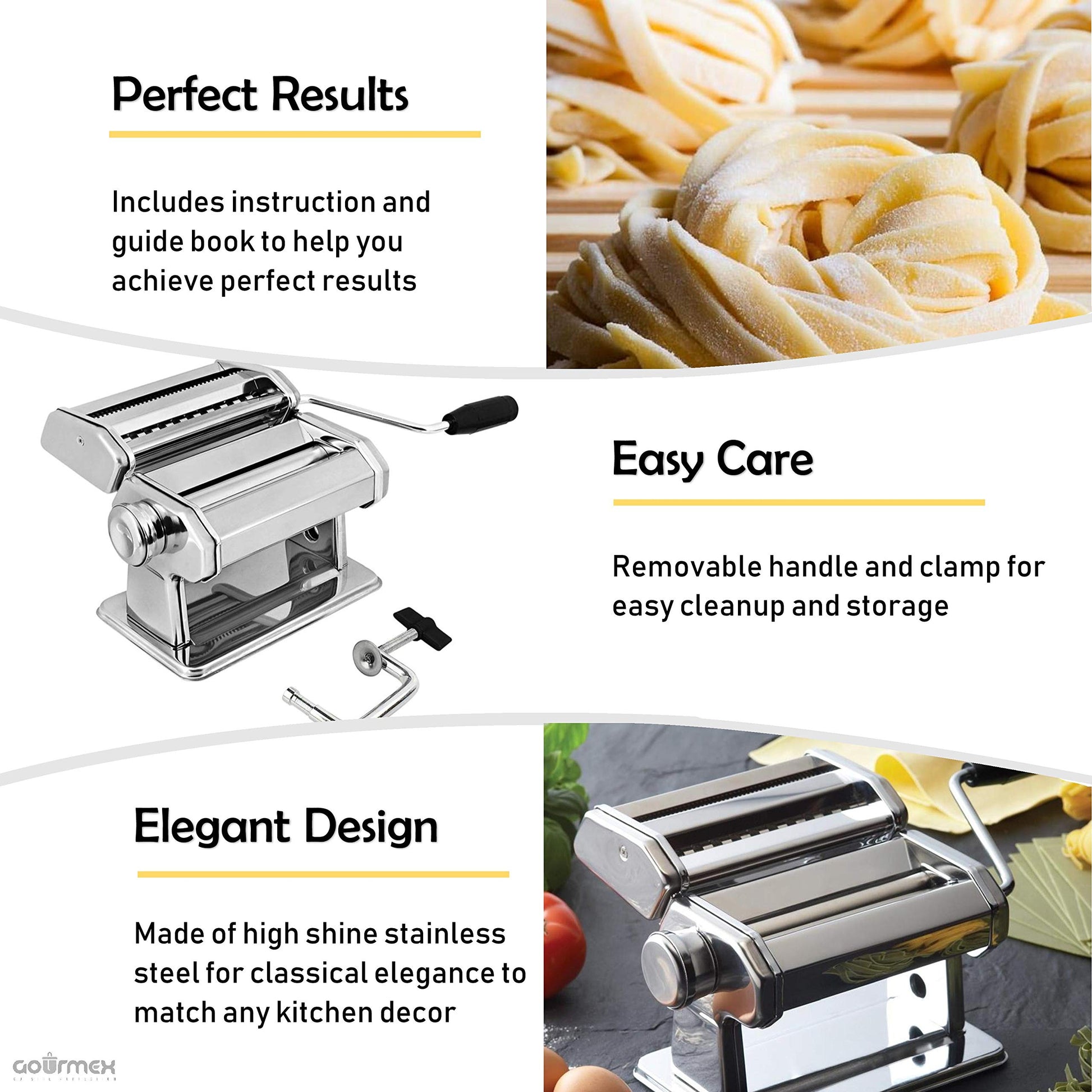 Máquina para hacer pasta manual GOURMEX de acero inoxidable con ajustes de grosor, perfecta para espaguetis y fettuccini caseros profesionales. Incluye mango y abrazadera extraíbles (Plata)