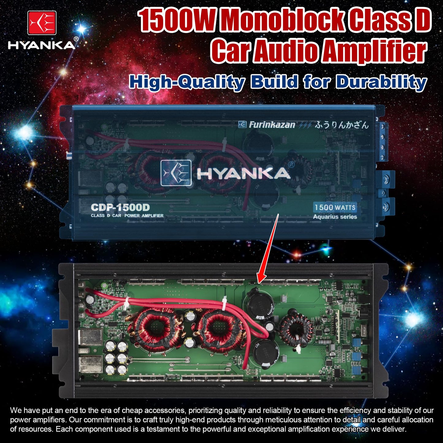 HYANKA CDP-1500D - Amplificador de subwoofer de audio para coche de clase D de 1 canal con refuerzo de graves, 1500 W RMS de alta salida, 1/2/4 ohmios estable, entradas de nivel bajo (RCA), fuente de