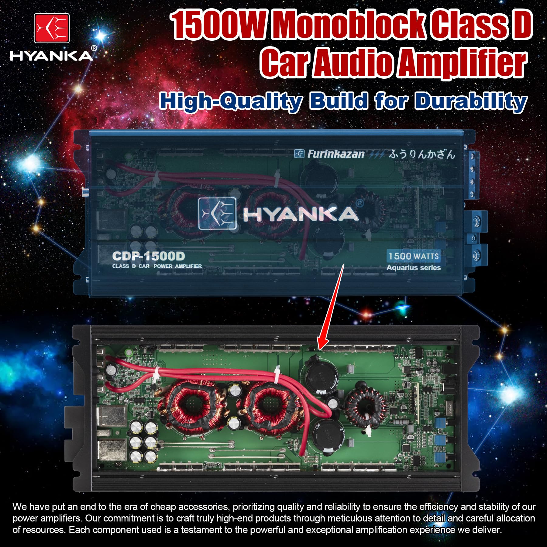 HYANKA CDP-1500D - Amplificador de subwoofer de audio para coche de clase D de 1 canal con refuerzo de graves, 1500 W RMS de alta salida, 1/2/4 ohmios estable, entradas de nivel bajo (RCA), fuente de