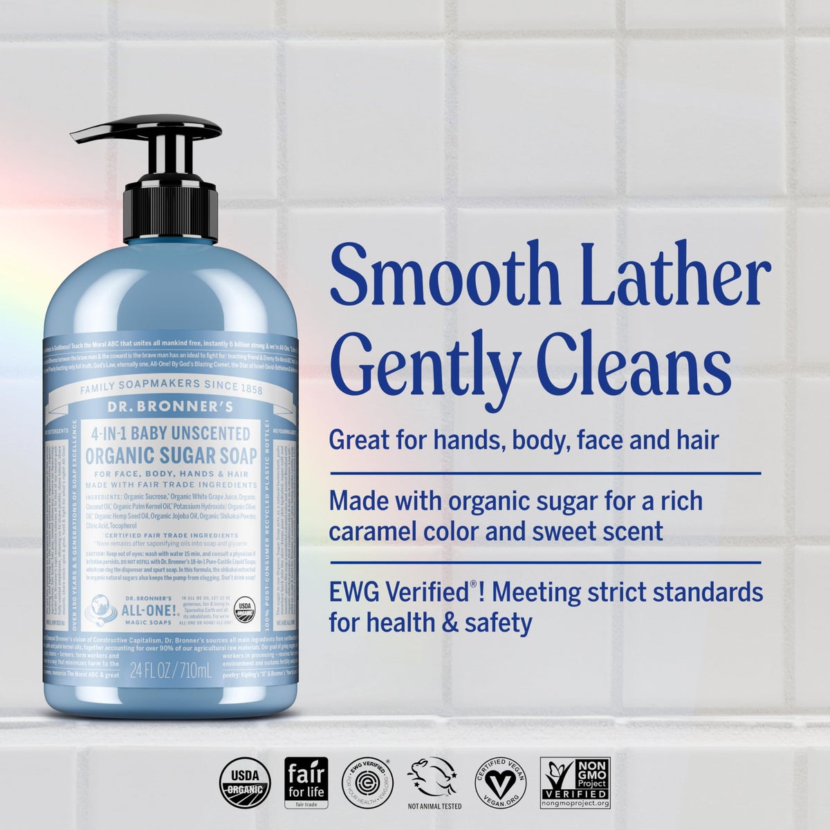 Dr. Bronner's | Jabón líquido de azúcar orgánico, hidratante y nutritivo, para manos, cuerpo, rostro y cabello; certificado vegano - Sin Aroma, 710 ml