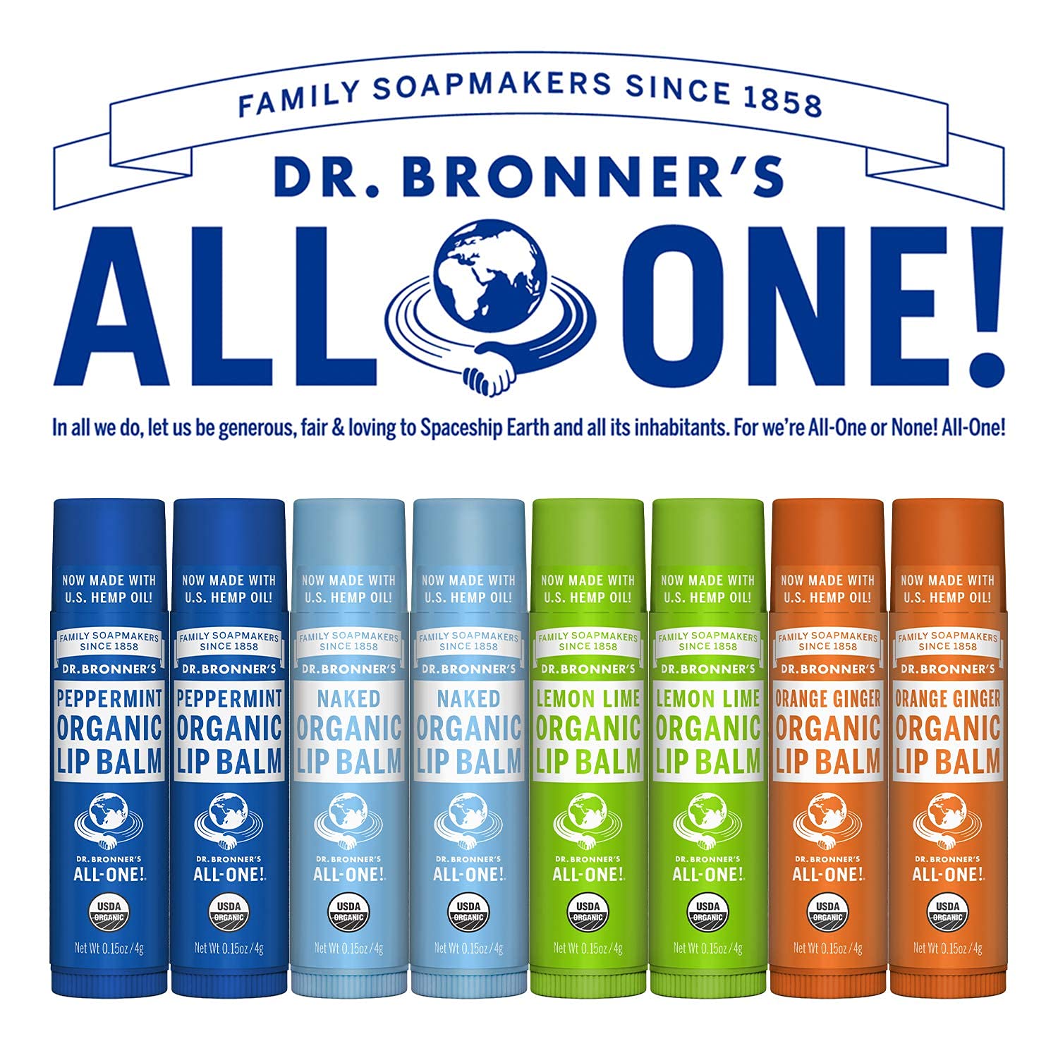 Bálsamo Labial Orgánico Dr. Bronner's Naked, Peppermint, Lemon Lime, Orange Ginger