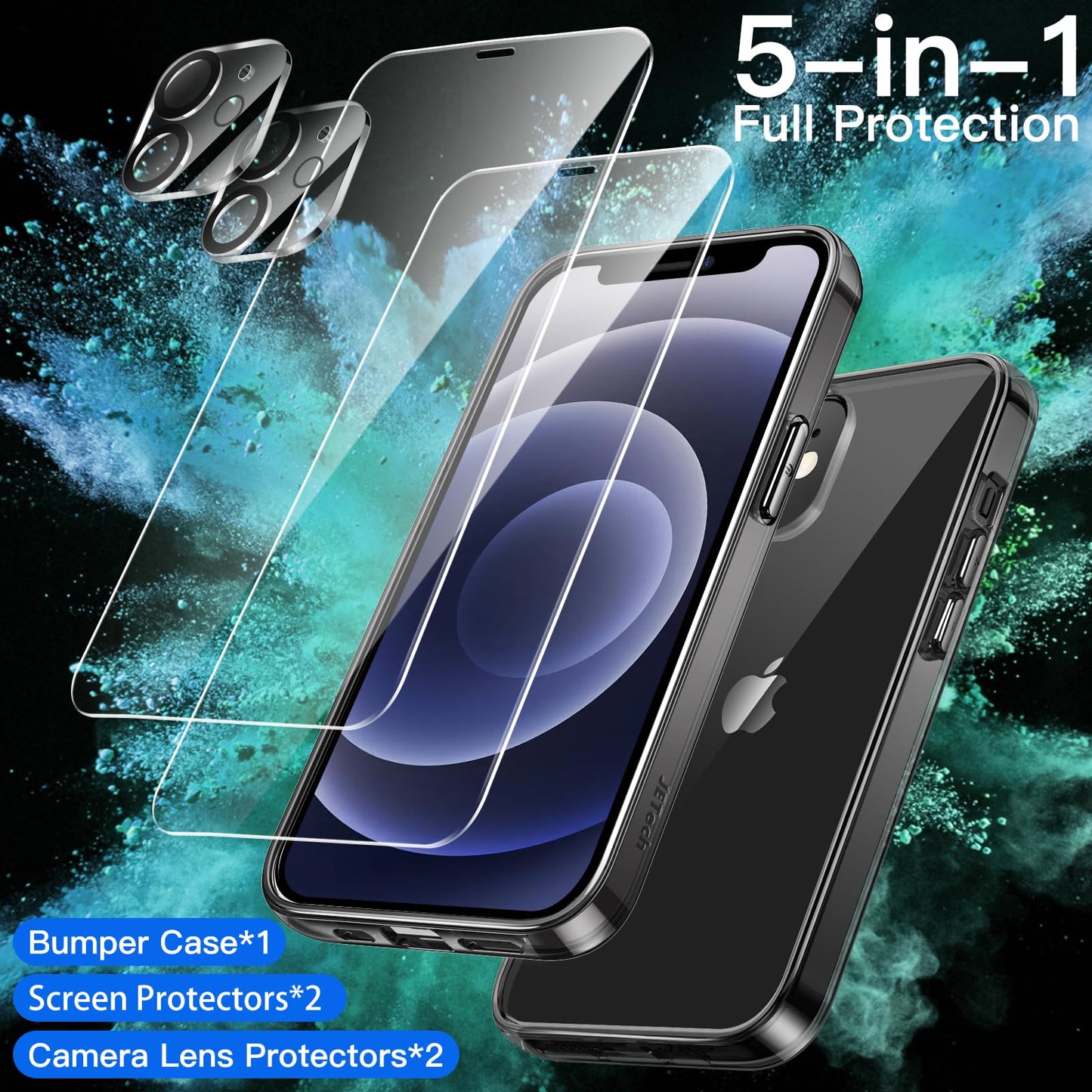 JETech 5 en 1 Funda para iPhone 12 Mini 5.4 Pulgadas con 2 Protector Pantalla y 2 Protector Lente Cámara, Mica Cristal Vidrio Templado Cobertura Completa, Carcasa Antigolpes (Negro)