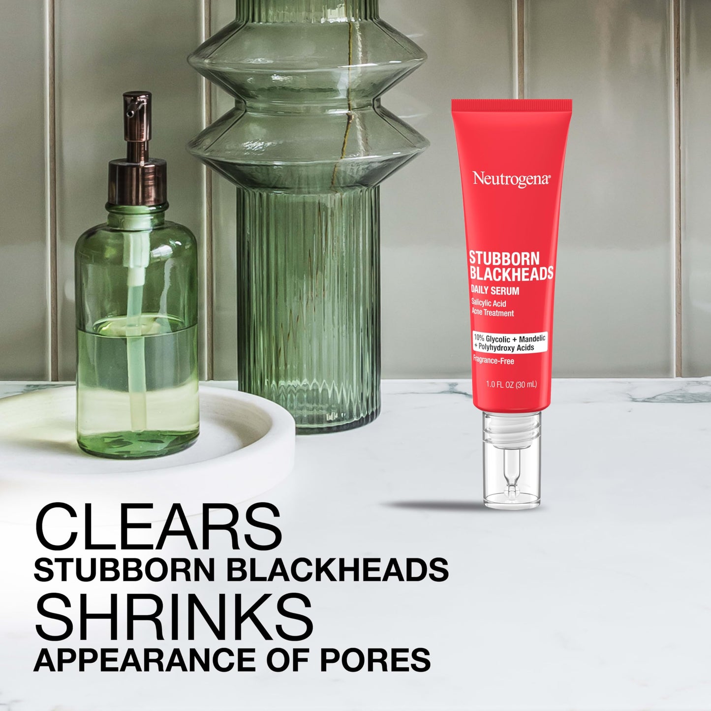 Neutrogena Stubborn Blackheads Daily Acne Facial Serum with Salicylic, Glycolic, Polyhydroxy & Mandelic Acids, Oil-Free Face Serum for Acne-Prone Skin to Help Clear Clogged Pores, 1 fl. oz