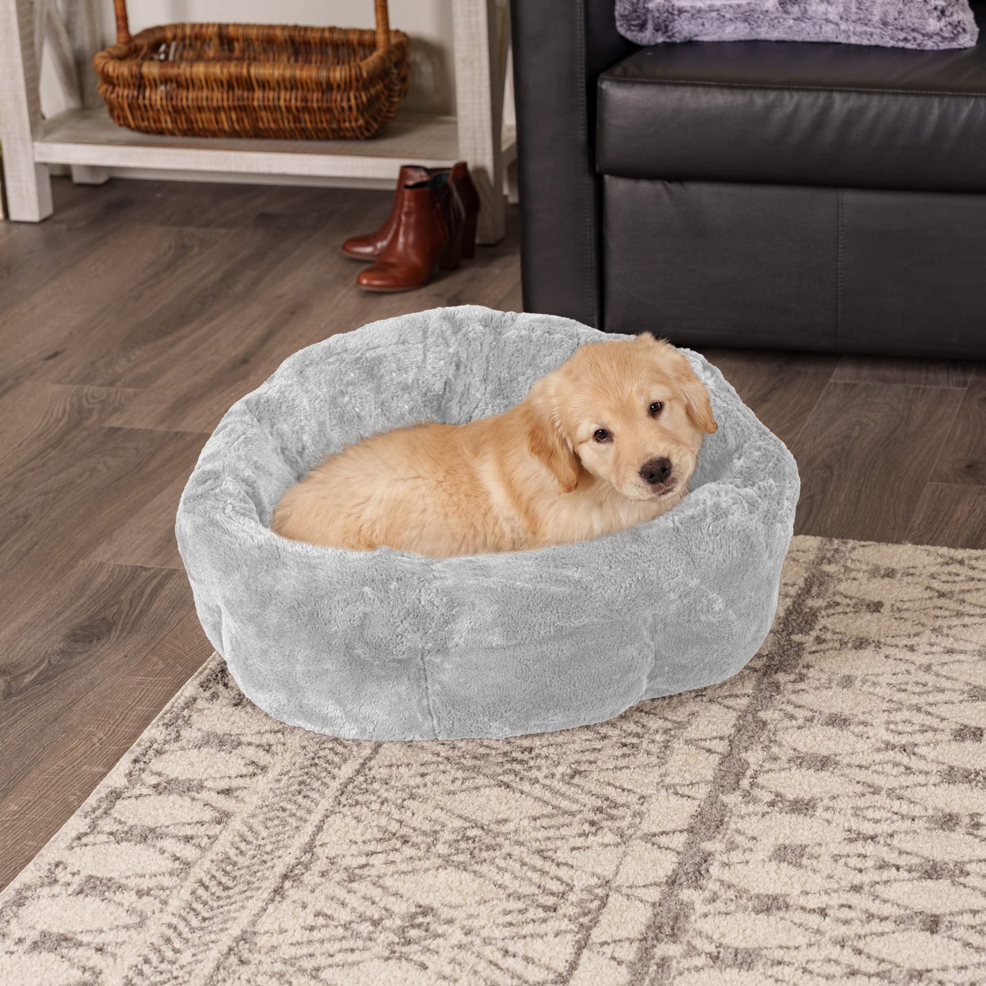 Furhaven 23" Round Medium Dog Bed Hi Lo Self-Warming Luxury Plush Faux Fur Cuddler, Washable - Gray, Medium