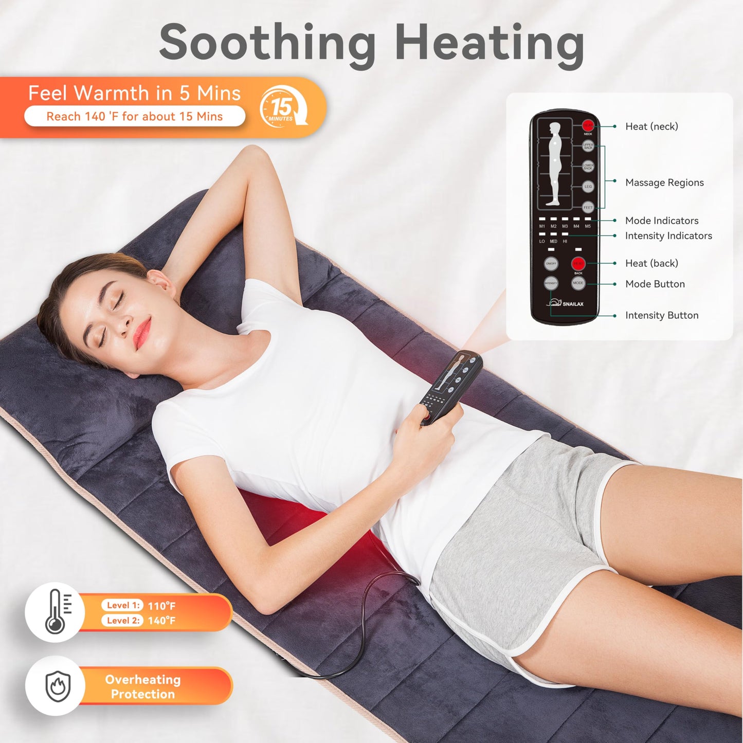 Snailax - Alfombrilla de masaje de cuerpo completo de espuma viscoelástica con calor, masajeador de espalda con 10 motores de vibración, 6 almohadillas para orejas de calefacción, almohadilla de silla