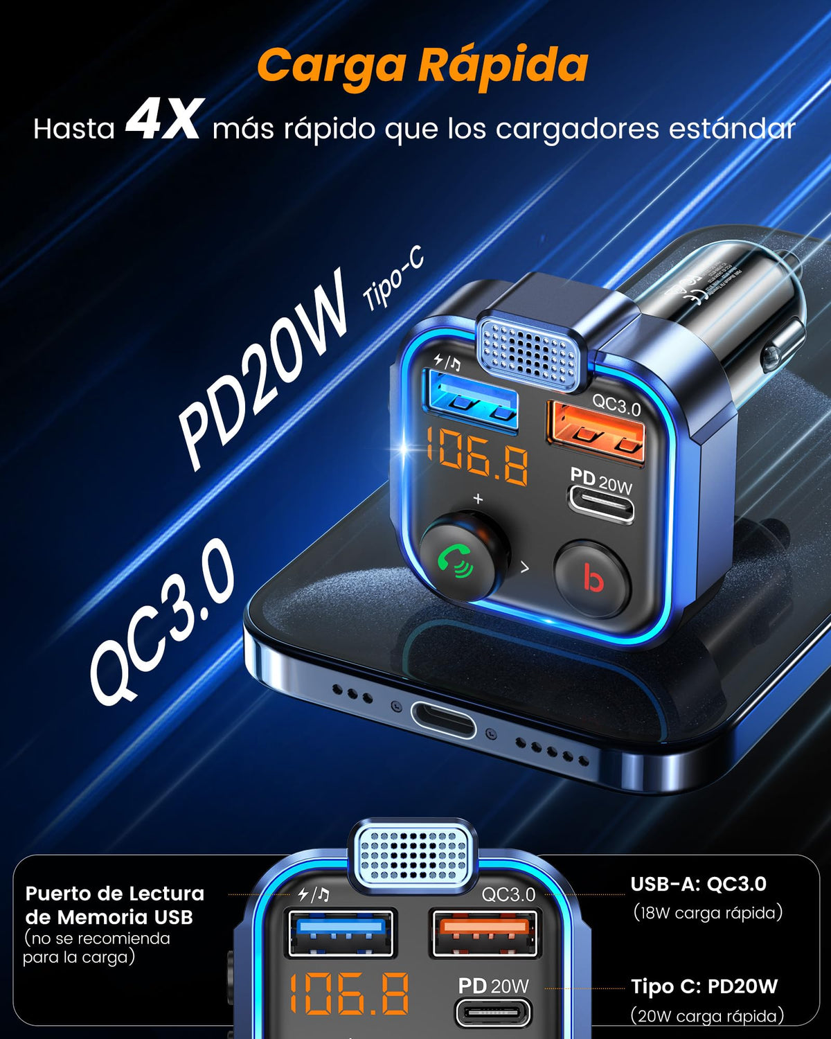 Transmisor FM Bluetooth 5.3 LENCENT para Auto