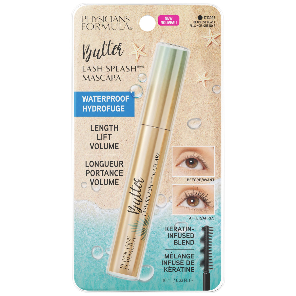 Physicians Formula Butter Lash Splash - Máscara impermeable, fórmula para construir con mantequilla de Murumuru y queratina fortalecedora de pestañas, proporciona volumen completo, elevación