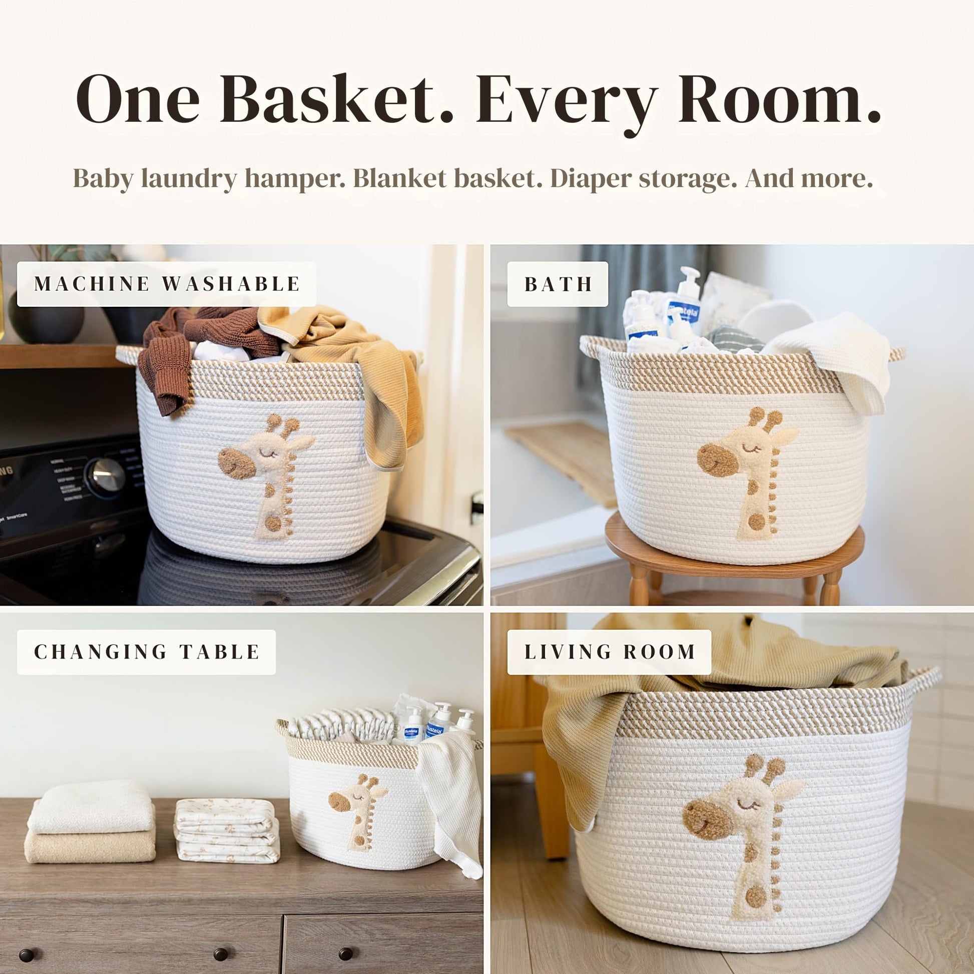 Cesta de almacenamiento de jirafa para guardería – Contenedor grande de cuerda de algodón de 15 x 11 pulgadas con parche de fieltro suave – Organizador de juguetes, cesta de lavandería para bebé