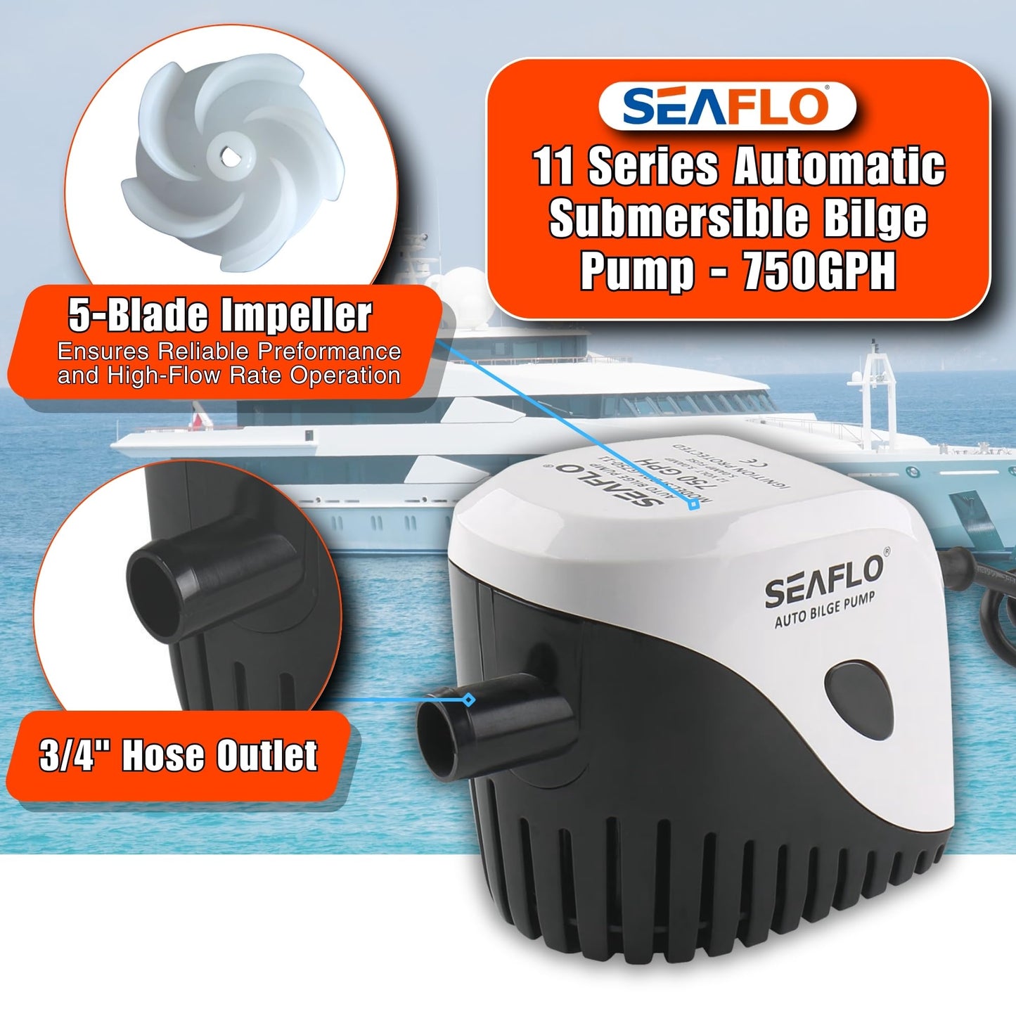 12v Automatic Submersible Boat Bilge Water Pump 12v 750gph Auto with Float Switch by Seaflo