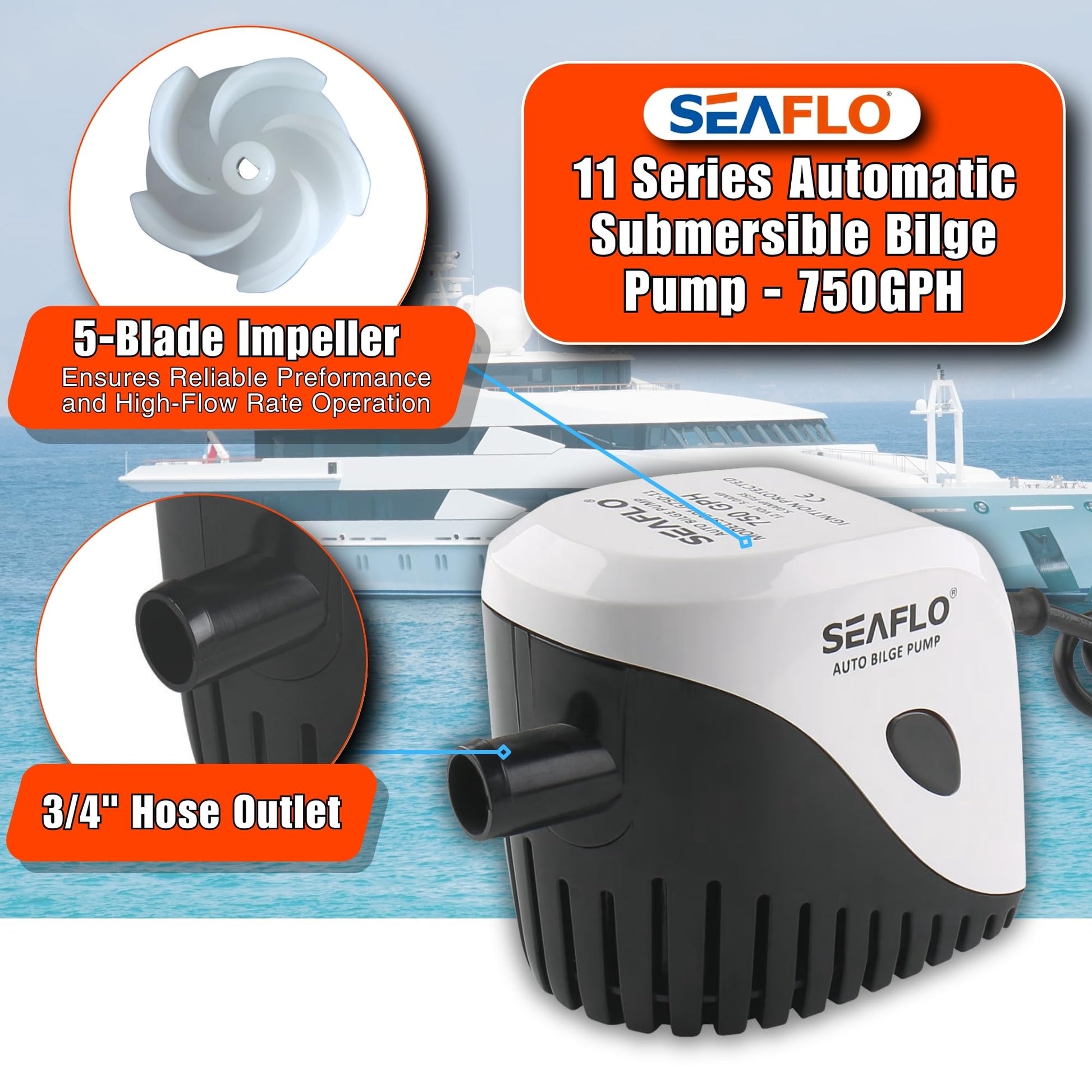 12v Automatic Submersible Boat Bilge Water Pump 12v 750gph Auto with Float Switch by Seaflo