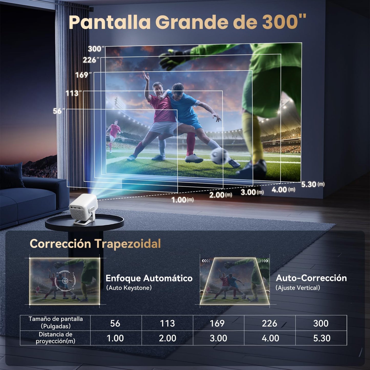 VUEKIME M3 Pro Proyector 4K Portátil, Nativo 1080P(Soporte 4K), 300 Pulgada