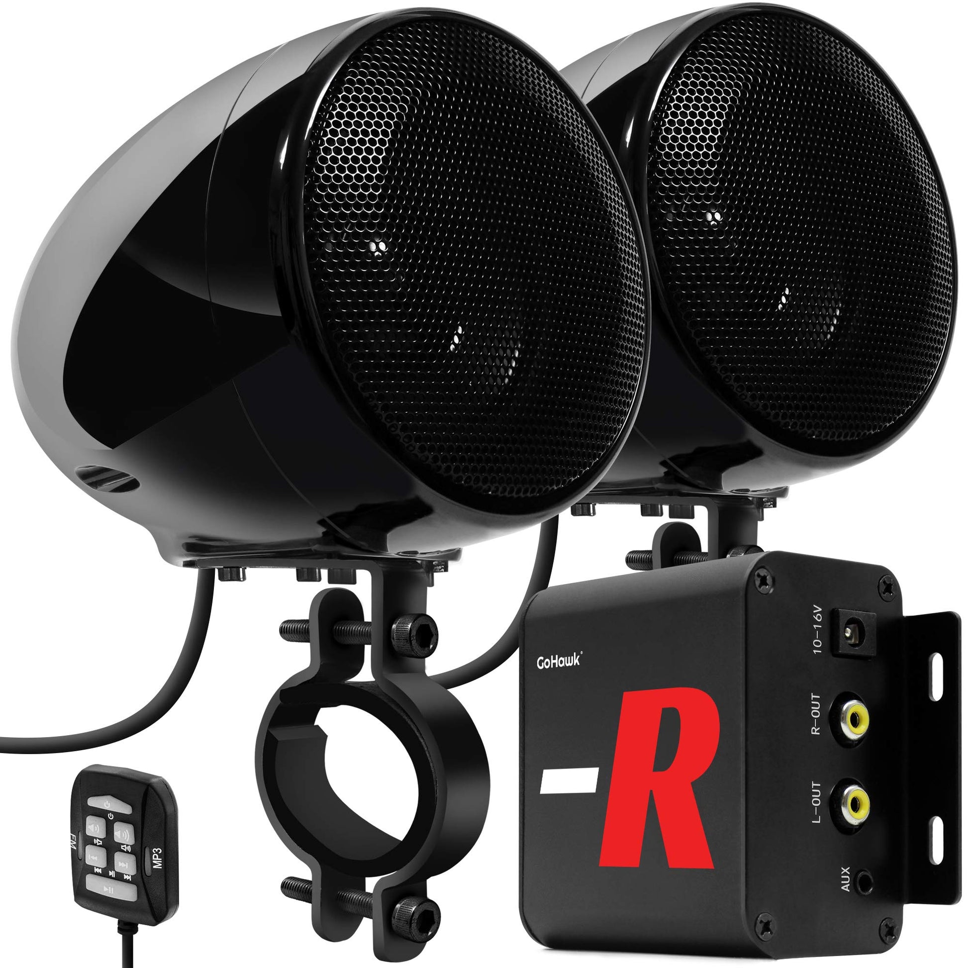 GoHawk TN4-R - Amplificador de 10 cm, rango completo, impermeable, Bluetooth, bocinas estéreo para motocicleta, de 1 a 1.5 pulgadas (2.5 a 4 cm) Sistema de amplificador de audio para montaje en manubrio Harley Touring Cruiser ATV UTV RZR, AUX, Radio FM (T