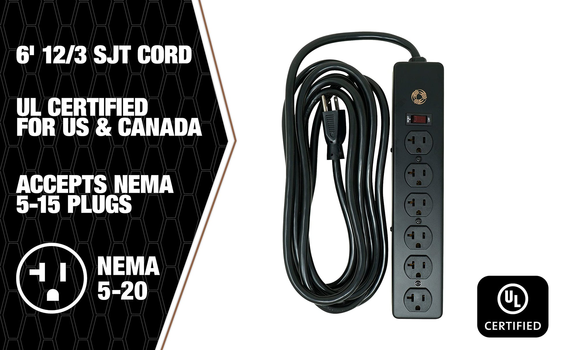 Southwire 5120 - Regleta de alimentación de 20 amperios, 6 Tomas de Corriente de Metal con NEMA 5-20 P&R, Cable de 12/3 de 6 pies