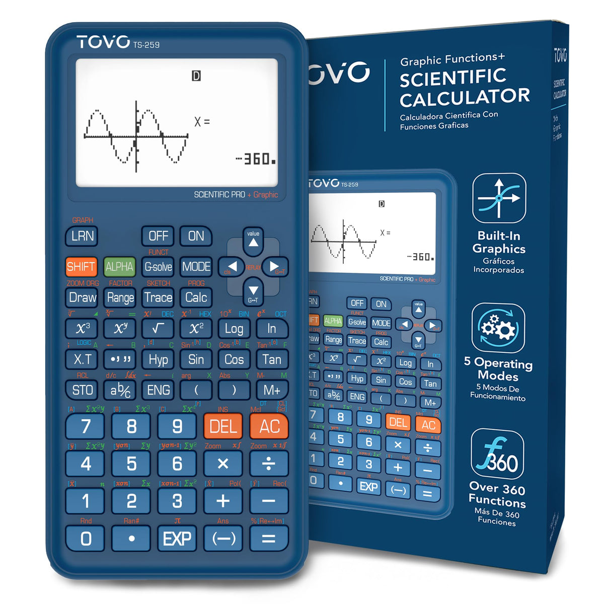 Calculadora Científica TOVO TS-259 Negra con Visualización Grande y Funciones Gráficas Avanzadas