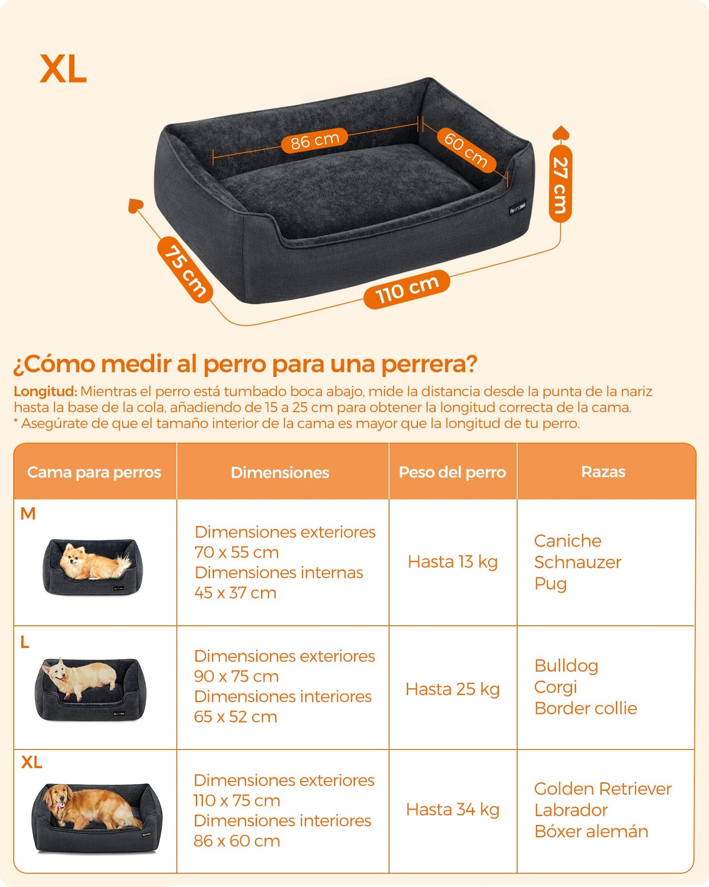 Feandrea Cama para Perros, Sofá para Mascotas, 110 x 75 x 27 cm, Bordes Elevados, XL, para Perros Grandes, Gris Oscuro MPGW012G01