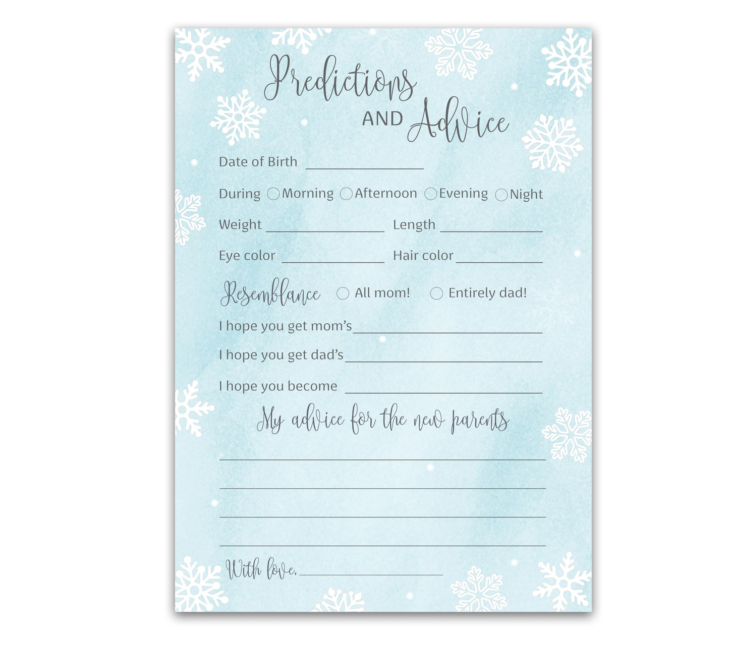 SNOWFLAKES - Tarjetas de predicción y consejos – Paquete de 25 – Juego de baby shower para niños, deseos para nuevos padres, mamá y papá, mamá y papá, mensaje de baby shower actividad, recuerdo Frost Holiday G781-PDAV