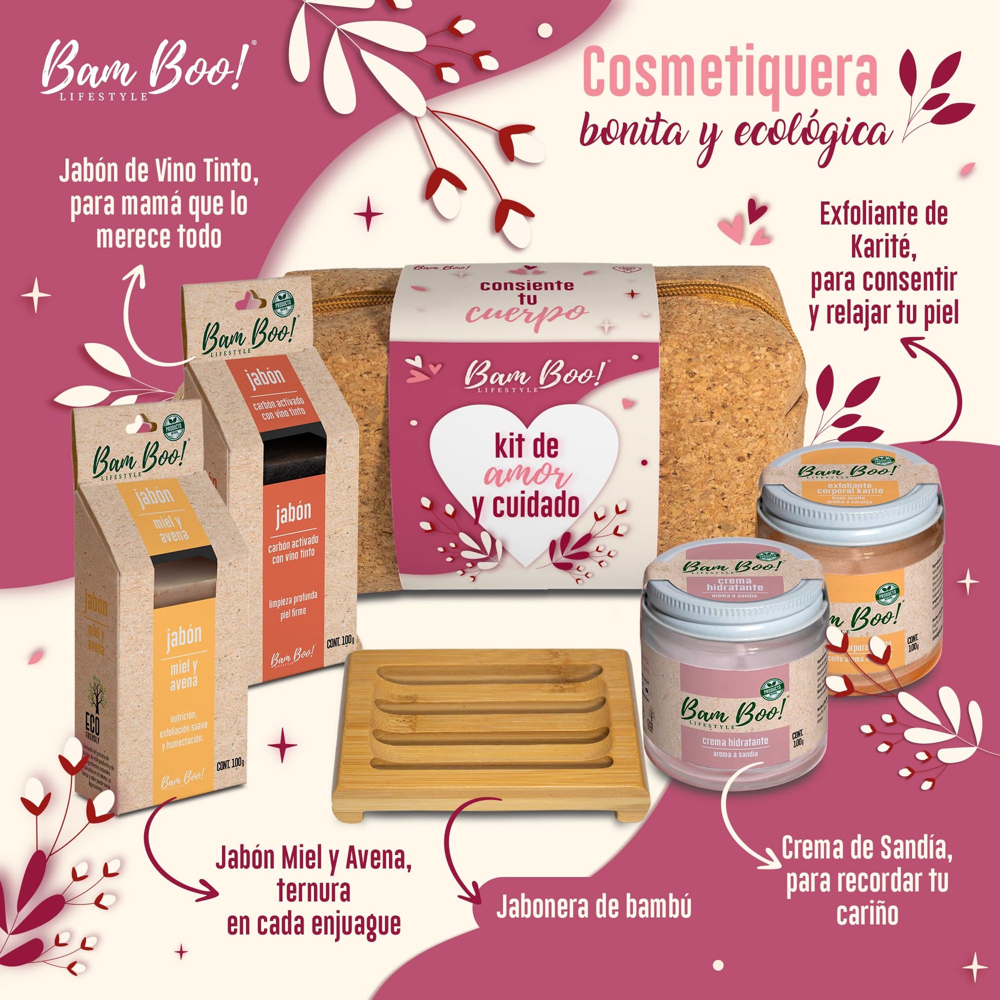 Cosmetiquera Skincare Kit Amor Y Cuidado Regalo Bam Boo! Lifestyle Crema, Exfoliante, Jabones y Jabonera