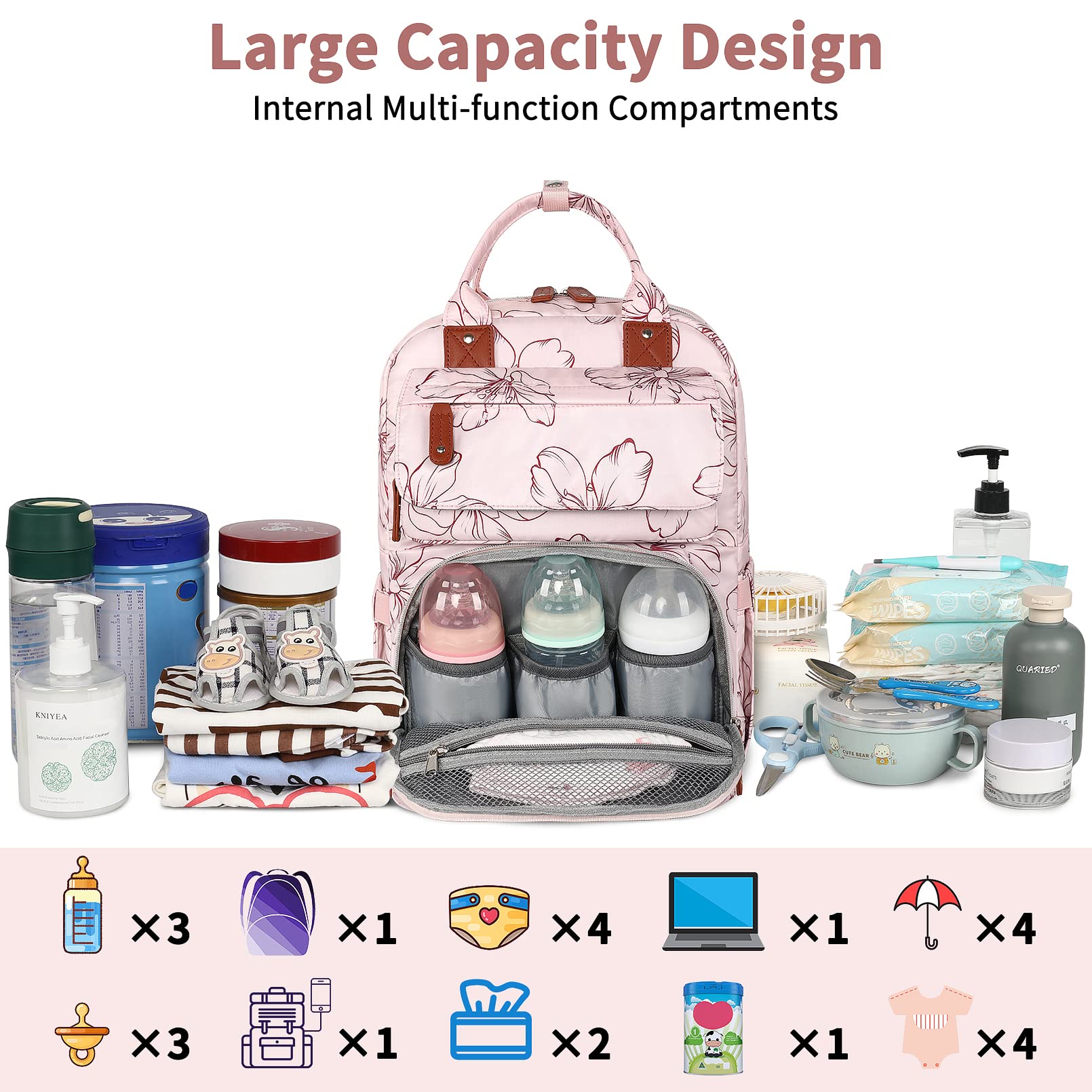 Mochila para pañales, mochila grande para pañales con cambiador portátil, bolsas de pañales para bebés para niñas, mochila de viaje floral multifunción para mamás papás con bolsillos aislados y