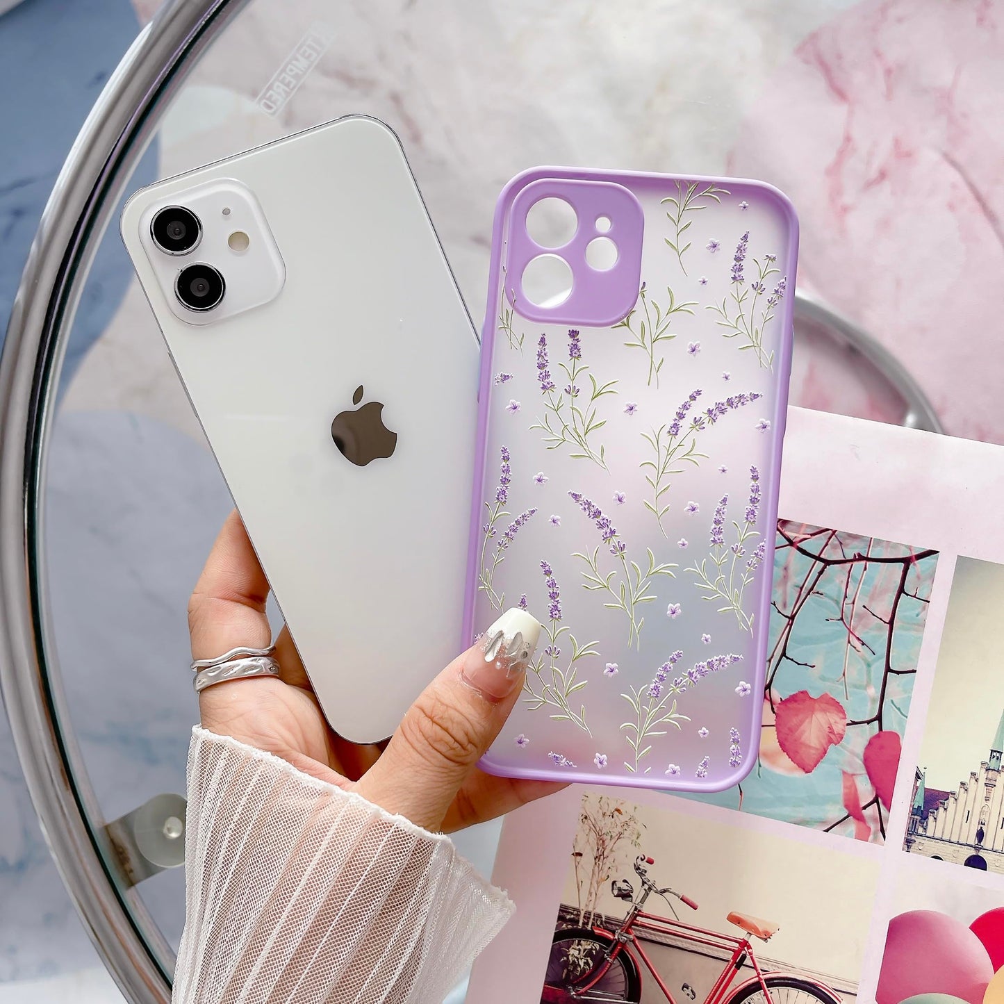 HaroKing Funda para iPhone 12, Protectora de cámara, Carcasa Transparente Esmerilado Espalda PC 3D Floral (Morado)