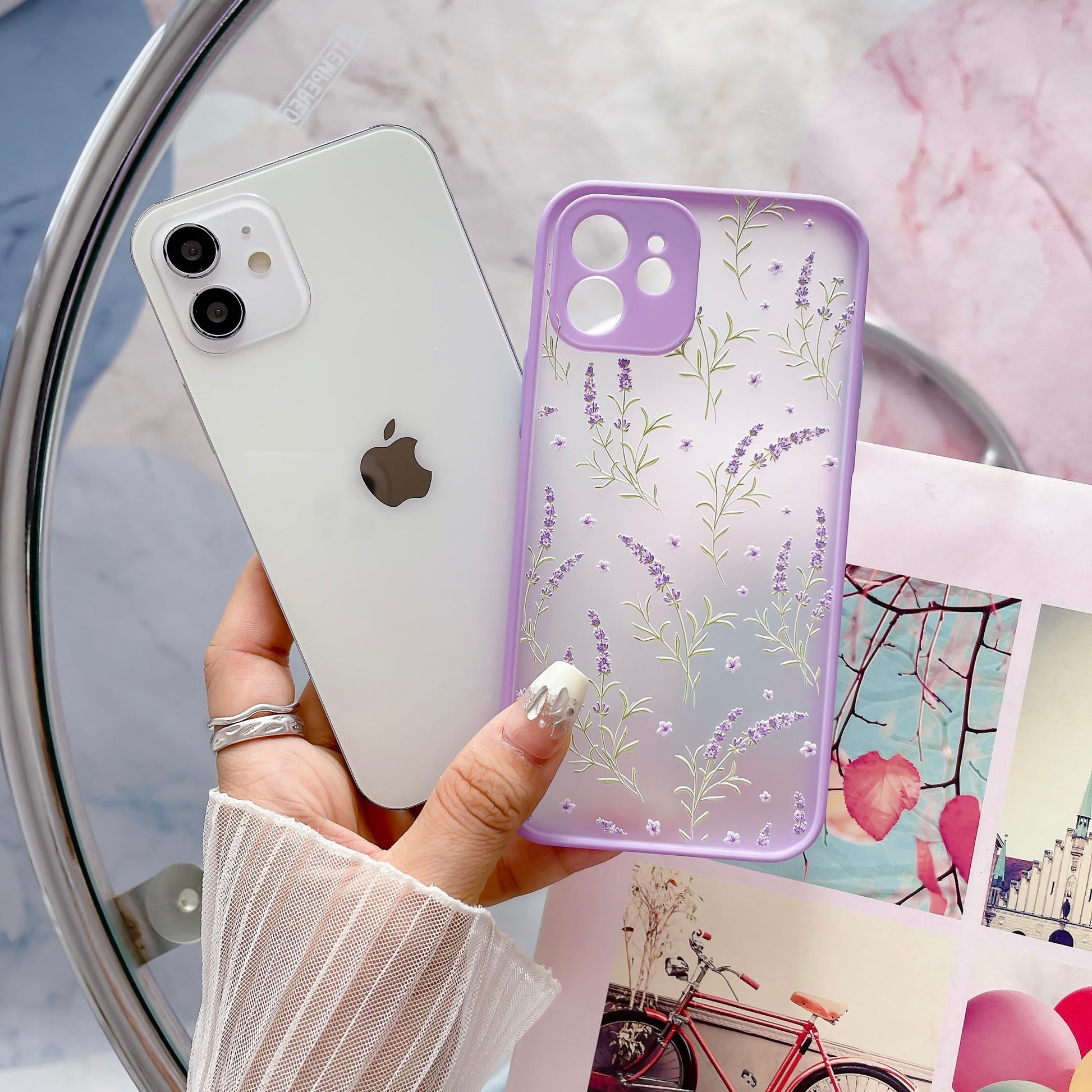HaroKing Funda para iPhone 12, Protectora de cámara, Carcasa Transparente Esmerilado Espalda PC 3D Floral (Morado)