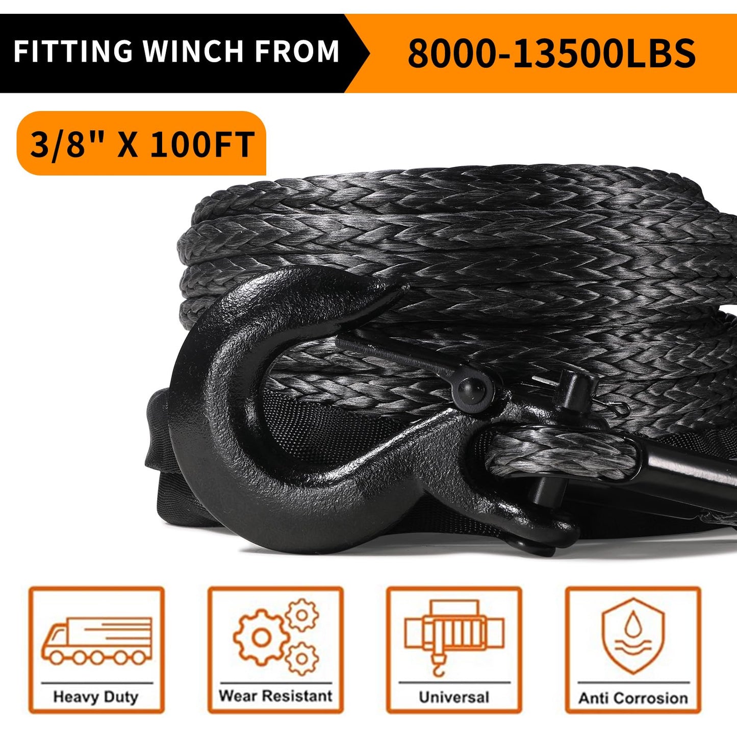 AlltoAuto - Cuerda de cabrestante con gancho, 3/8 pulgadas x 100 pies a 25000 libras Dyneema Cable de línea de cabrestante sintético con funda protectora para camión 4WD, accesorio de cabrestante