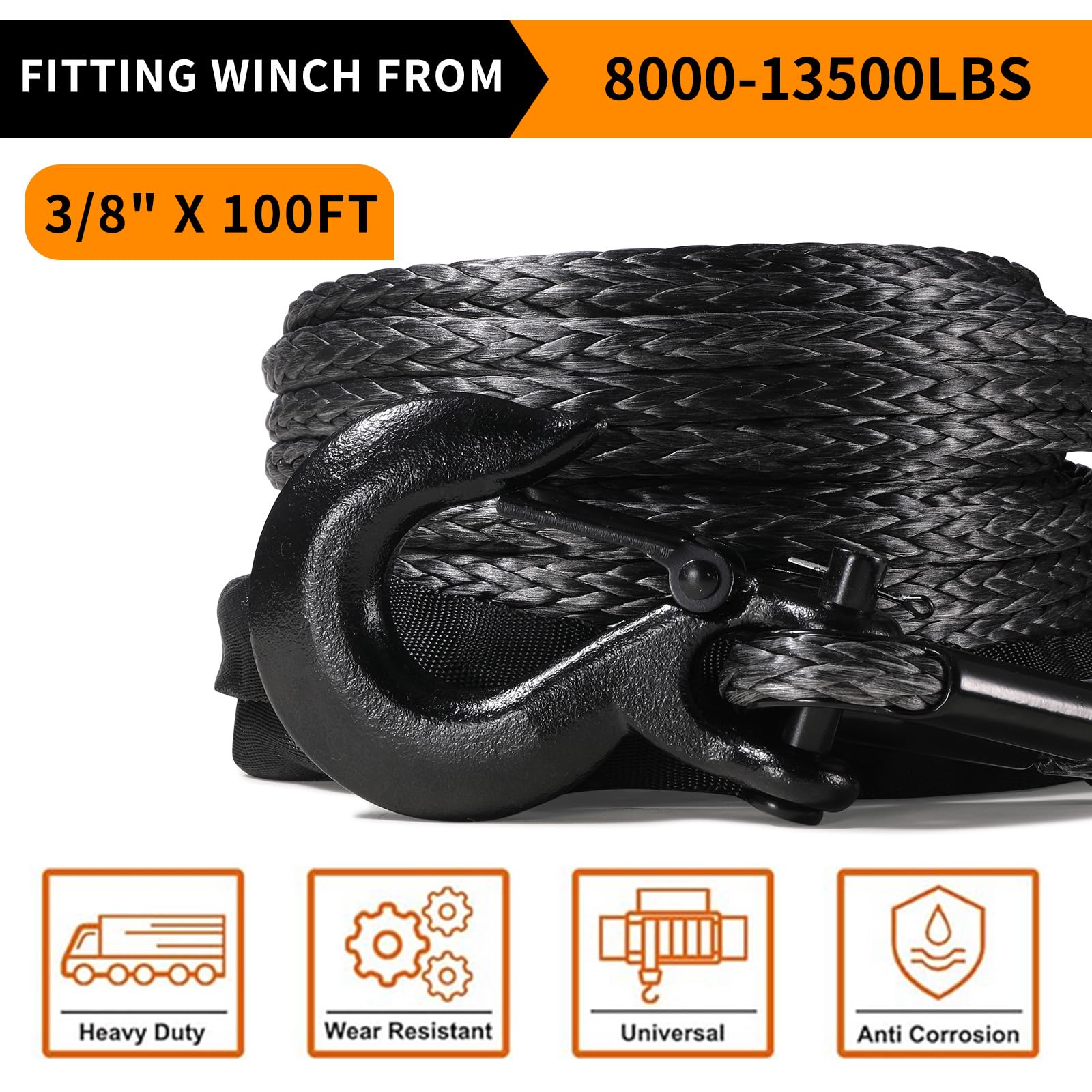 AlltoAuto - Cuerda de cabrestante con gancho, 3/8 pulgadas x 100 pies a 25000 libras Dyneema Cable de línea de cabrestante sintético con funda protectora para camión 4WD, accesorio de cabrestante