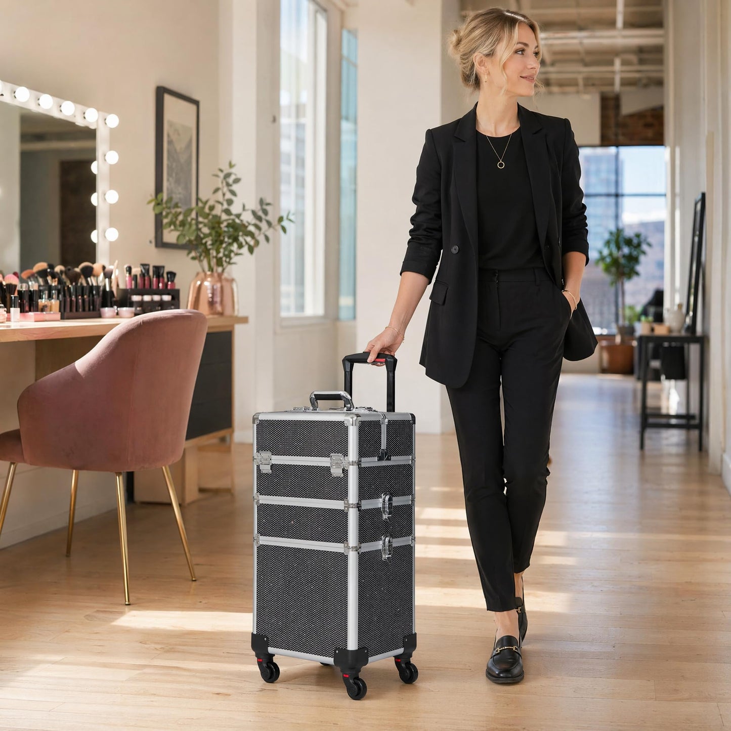 Gdsshuhung - Estuche de maquillaje para tren rodante, organizador profesional de cosméticos con marco de aluminio, bandejas plegables y ruedas, portátil para viajes y estudio, Negro diamond, Estuche