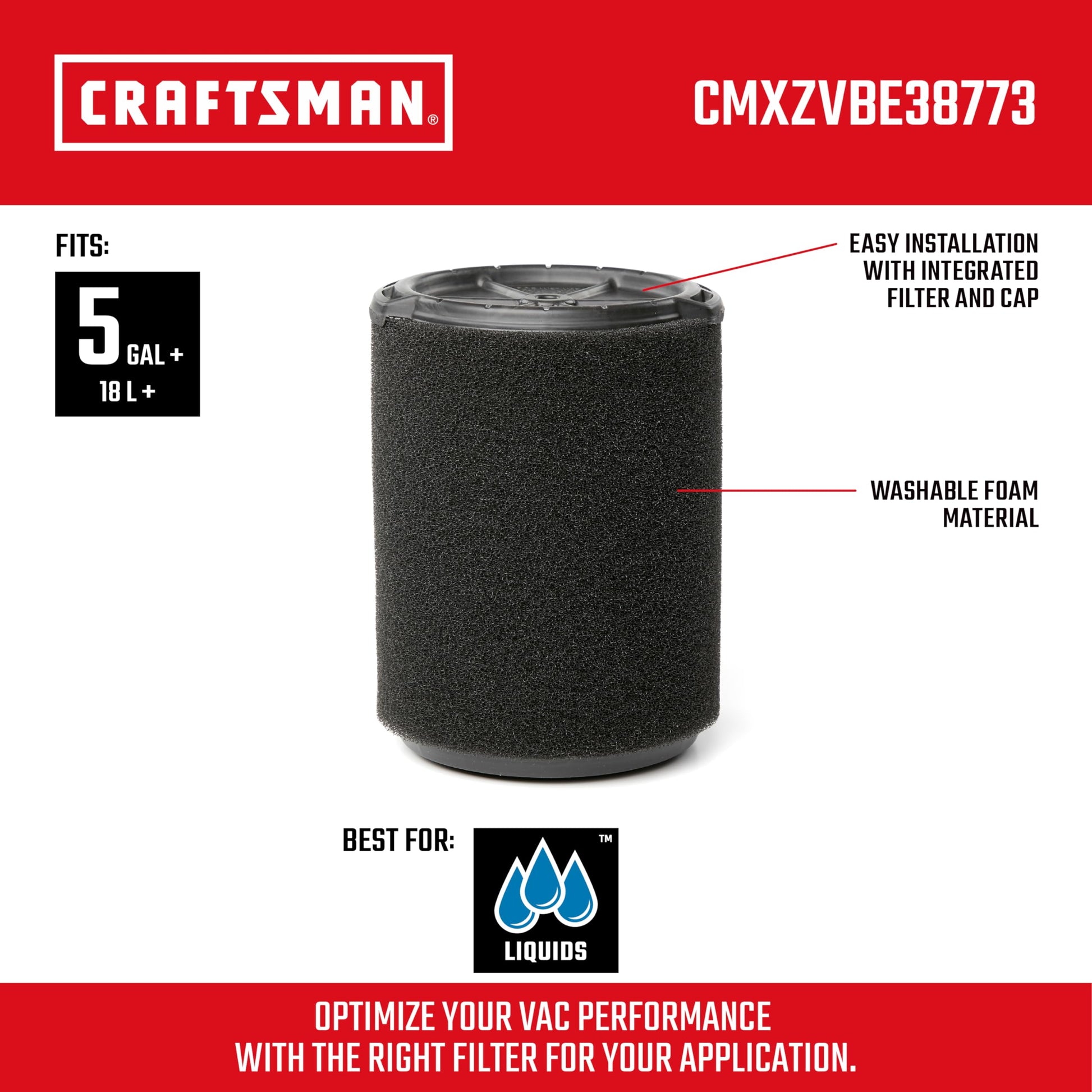 CRAFTSMAN CMXZVBE38773 Filtro de aplicación húmeda para aspiradoras húmedas y secas de 5 a 20 galones