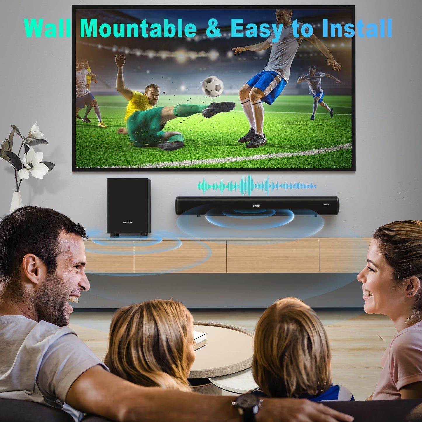 Barras de sonido para TV con subwoofer, 2.1 graves profundos 80 W altavoces de rango completo, visualización LED, bajos ajustables, HDMI/USB/AUX, Bluetooth 5.3 TV Soundbar sistema de audio de cine en