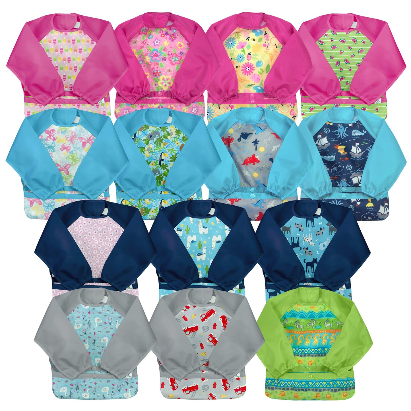green sprouts Easy-wear Long Sleeve Bib | Waterproof Protection from Mealtime to Playtime | Flipped Pocket, Soft Material, Easy Clean Smock, Aqua Sloth Jungle, 2T-4T