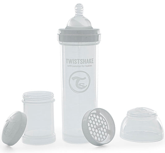 Biberón Anticólicos Twistshake Blanco de 330 ml con Tetina de Silicona Similar al Pecho para Lactancia Normal