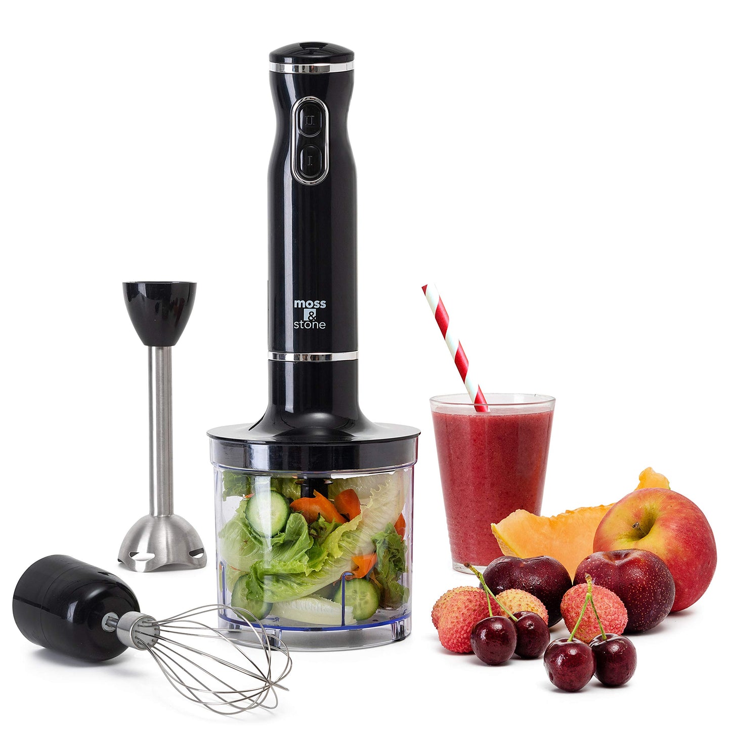 Batidora de mano eléctrica Moss & Stone con batidor de huevos y picador, potente batidora de mano de inmersión de 300 W, juego de mezclador de mano con eje y cuchillas de acero inoxidable, batidora de