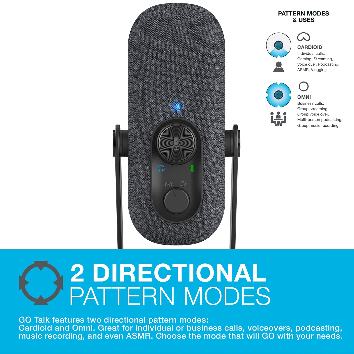 JLab Go Talk Micrófono USB | Negro | Salida USB-C | Cardioide u omnidireccional | Frecuencia de muestreo de 96 K | Respuesta de frecuencia de 20 Hz - 20 kHz | Control de volumen y silencio rápido | AUX de 3,5 mm | Plug and Play